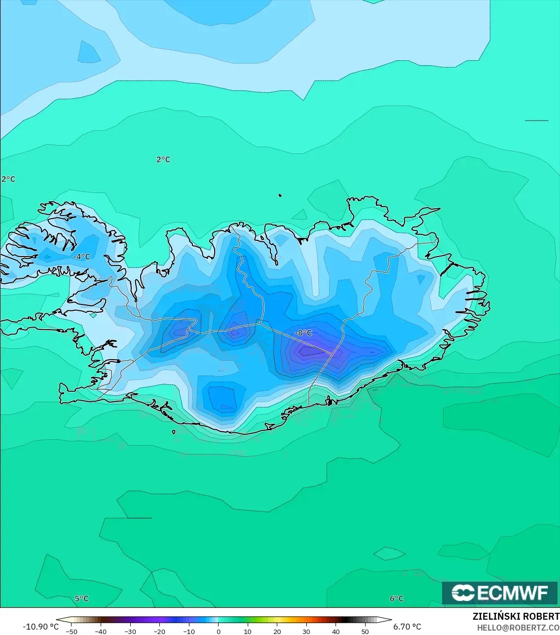 ECMWF IFS 0.25° model - İzlanda, 2 m Sıcaklık
