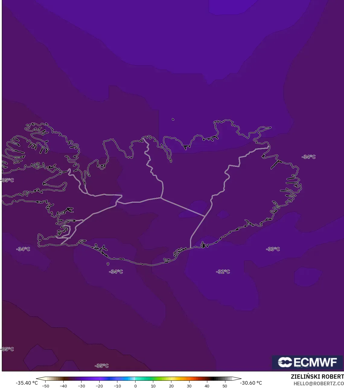 ECMWF IFS 0.25° model - İzlanda, 500 hPa Sıcaklık