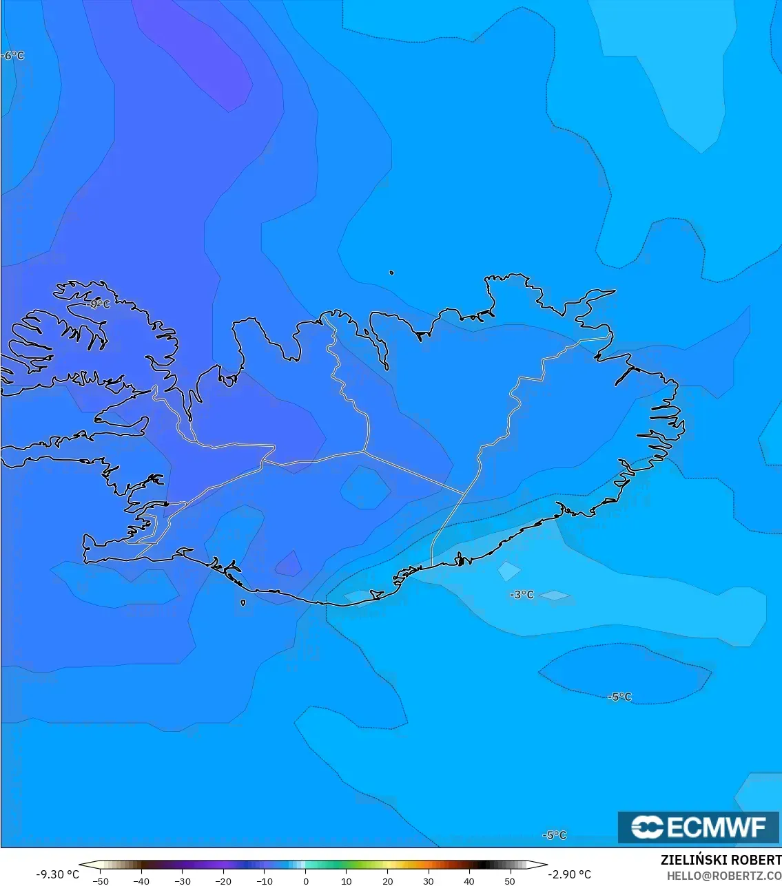 ECMWF IFS 0.25° model - İzlanda, 850 hPa Sıcaklık