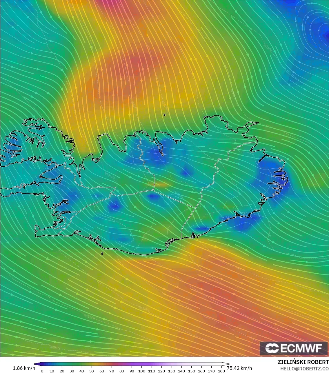 ECMWF IFS 0.25° model - İzlanda, 10 m Rüzgâr