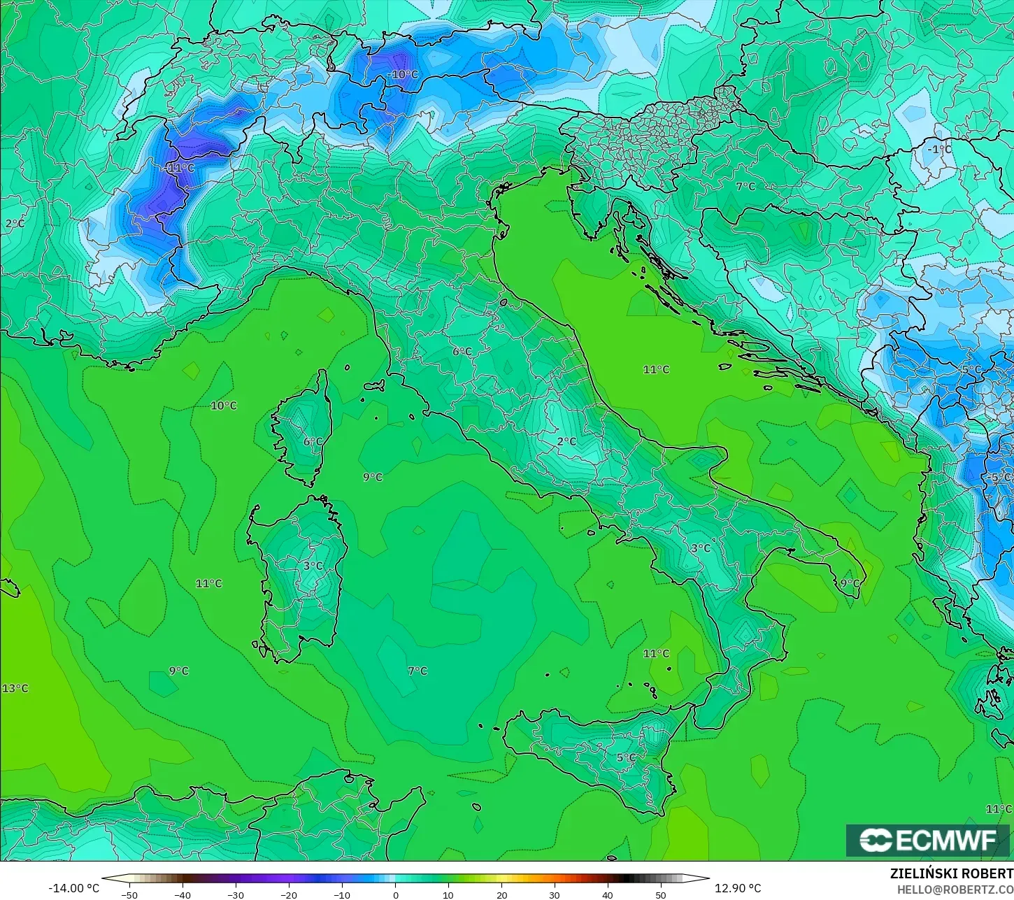 ECMWF IFS 0.25° model - İtalya, 2 m Çiy Noktası