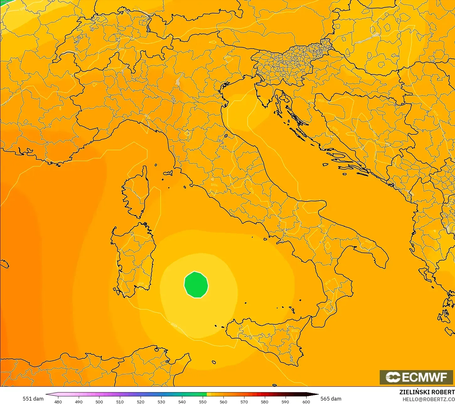 ECMWF IFS 0.25° model - İtalya, 500 hPa’da jeopotansiyel yükseklik