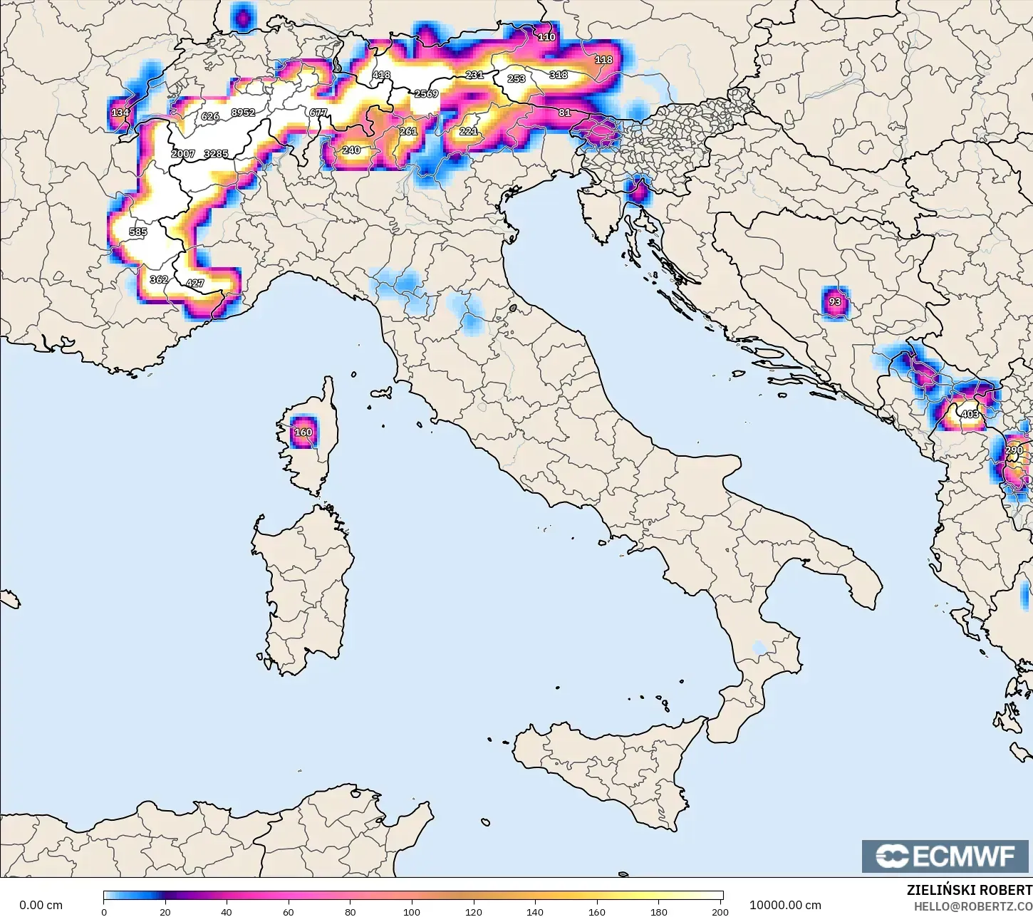 ECMWF IFS 0.25° model - İtalya, Kar Kalınlığı