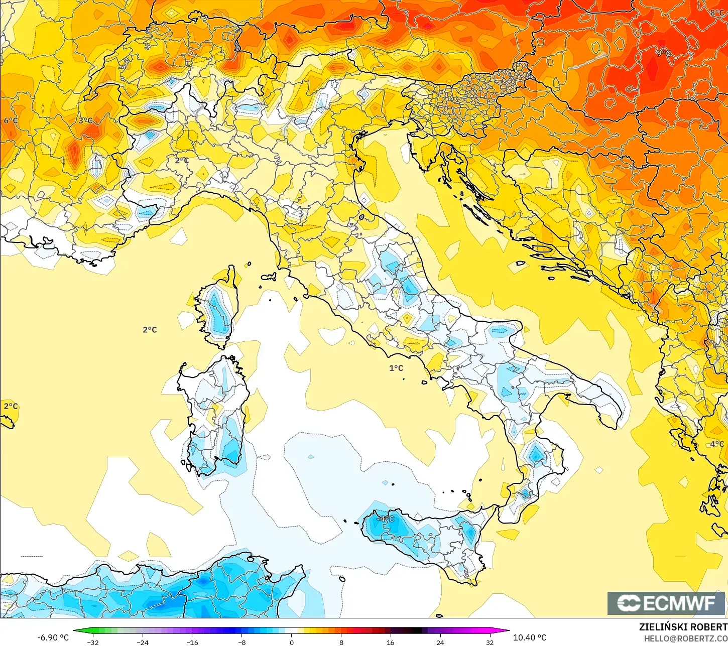 ECMWF IFS 0.25° model - İtalya, 2 m Sıcaklık Anomalisi