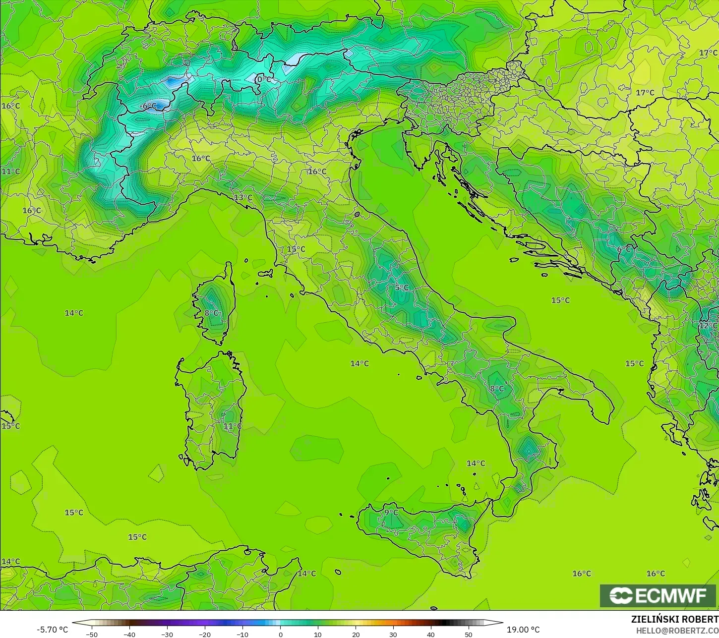 ECMWF IFS 0.25° model - İtalya, 2 m Sıcaklık