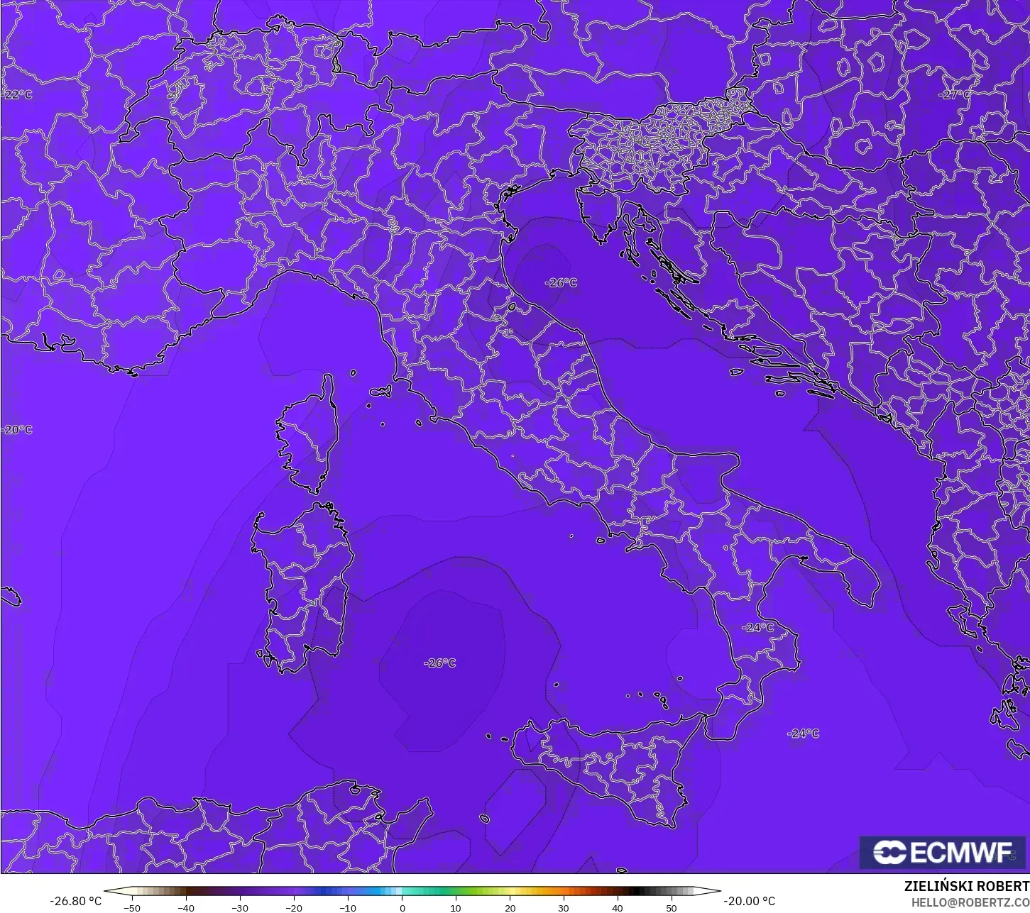 ECMWF IFS 0.25° model - İtalya, 500 hPa Sıcaklık