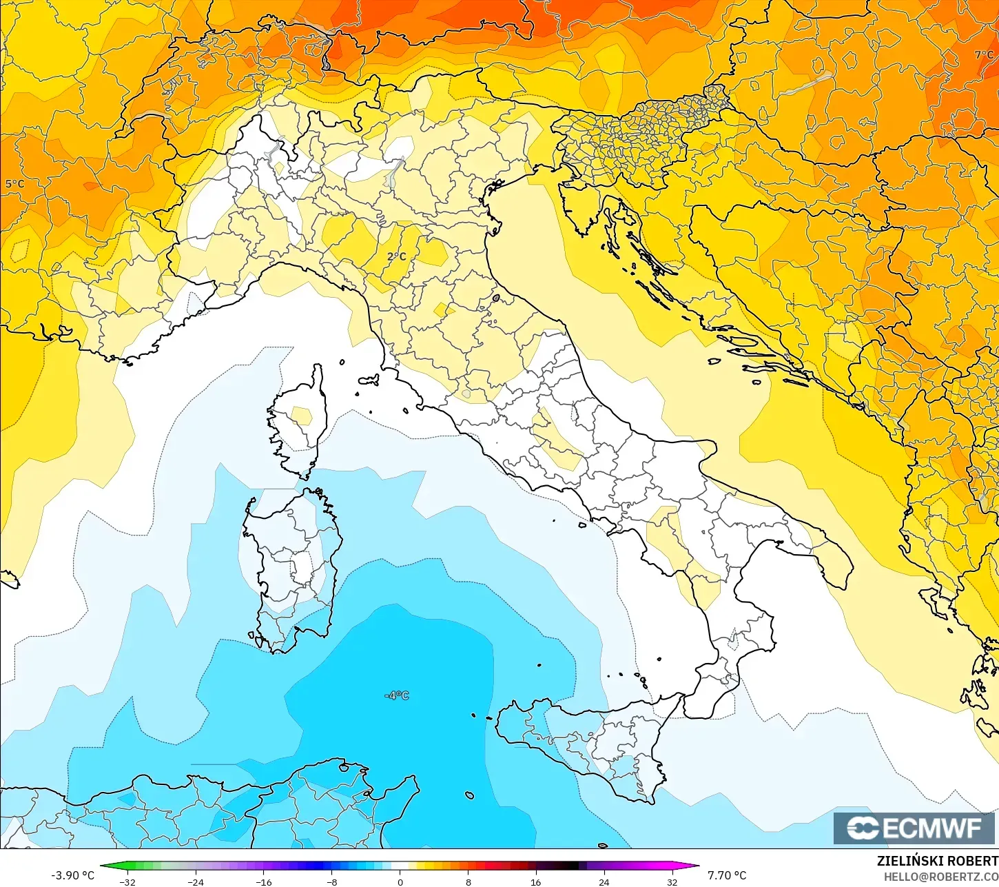 ECMWF IFS 0.25° model - İtalya, 850 hPa Sıcaklık Anomalisi