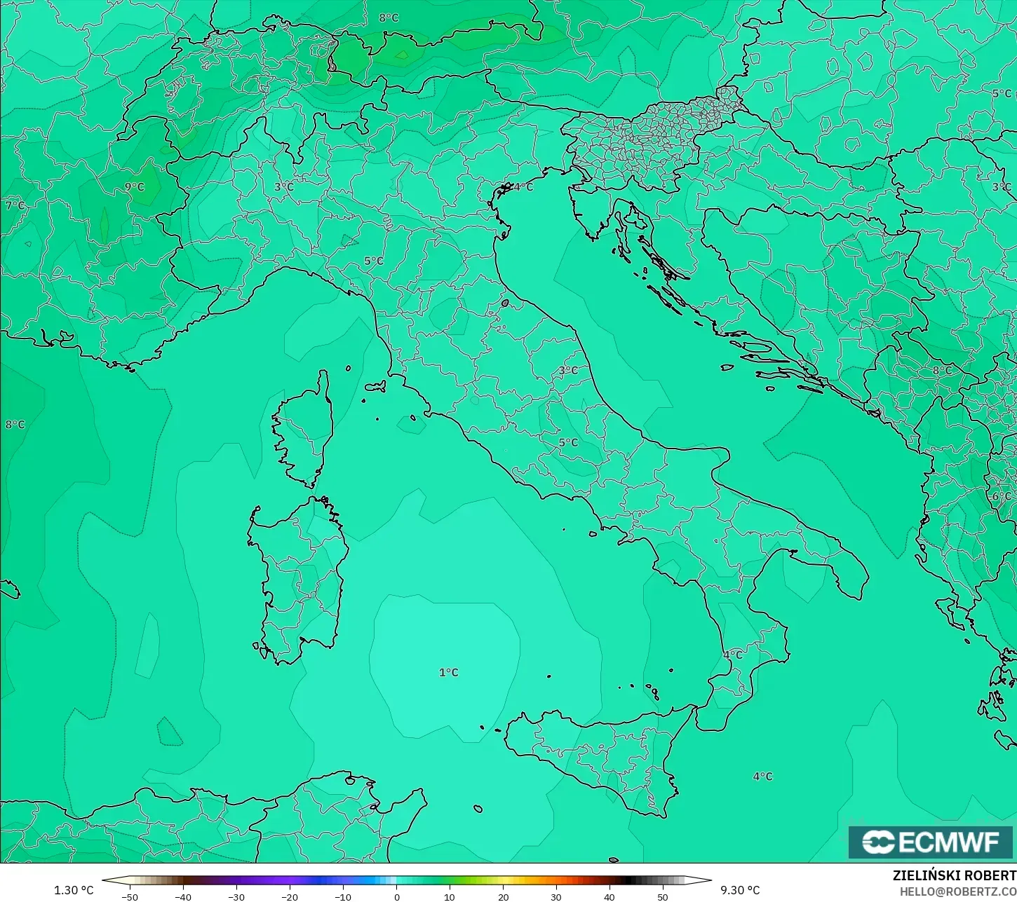 ECMWF IFS 0.25° model - İtalya, 850 hPa Sıcaklık