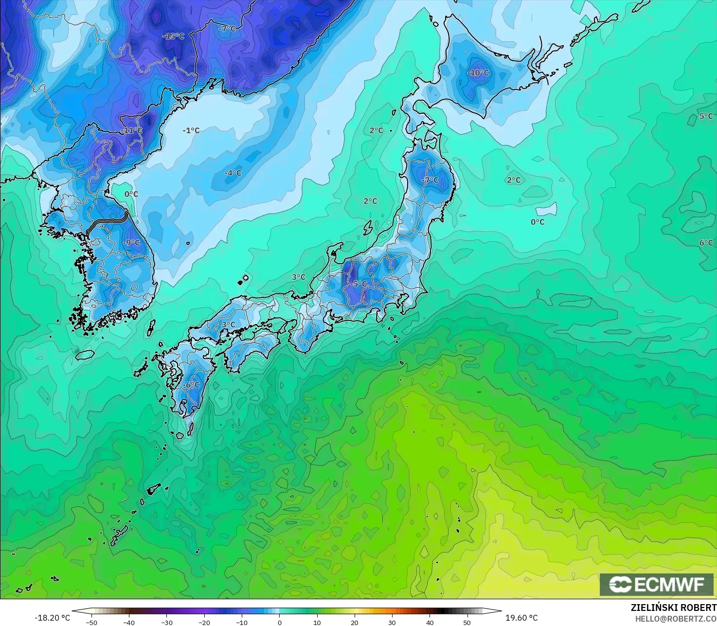 ECMWF IFS 0.25° model - Japonya, 2 m Çiy Noktası