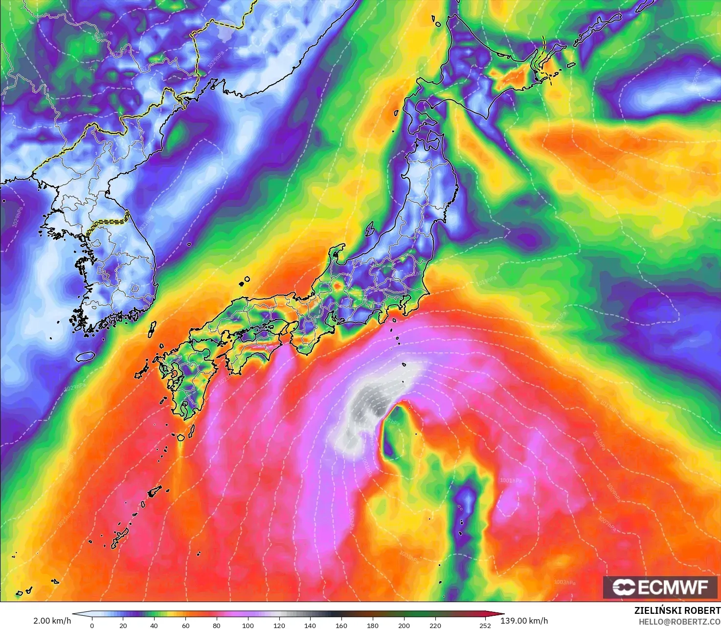 ECMWF IFS 0.25° model - Japonya, En Yüksek Rüzgâr