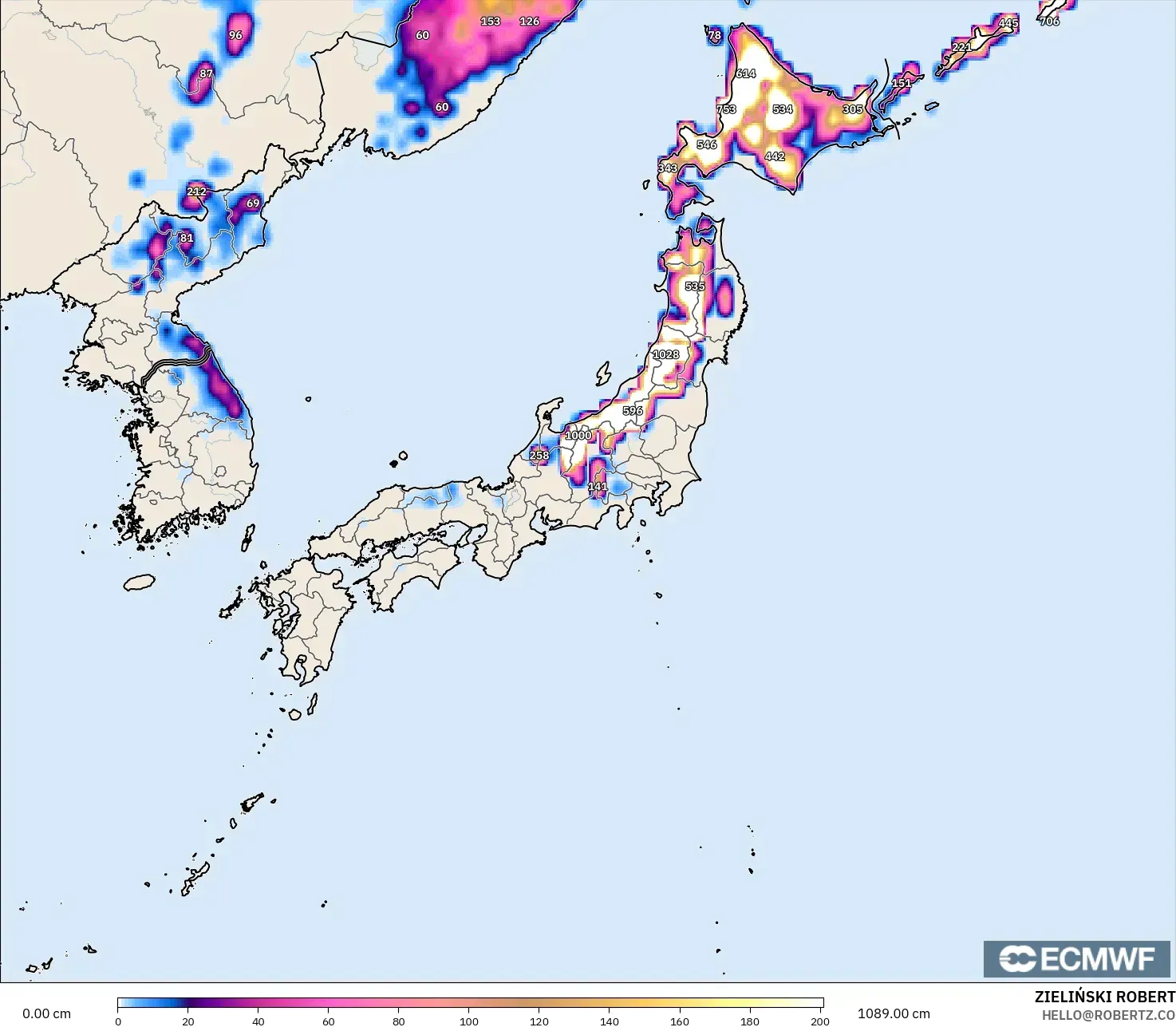 ECMWF IFS 0.25° model - Japonya, Kar Kalınlığı
