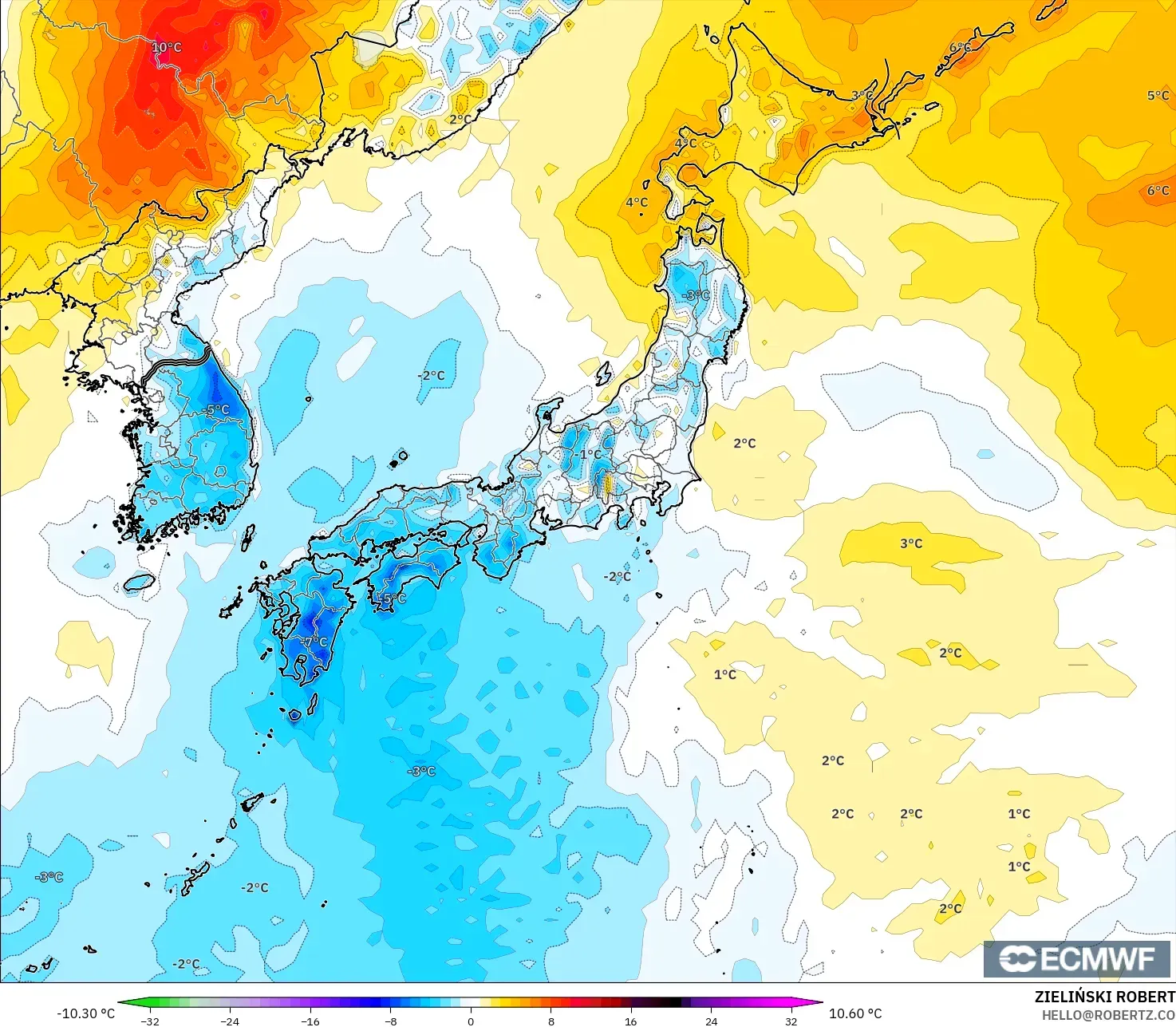 ECMWF IFS 0.25° model - Japonya, 2 m Sıcaklık Anomalisi