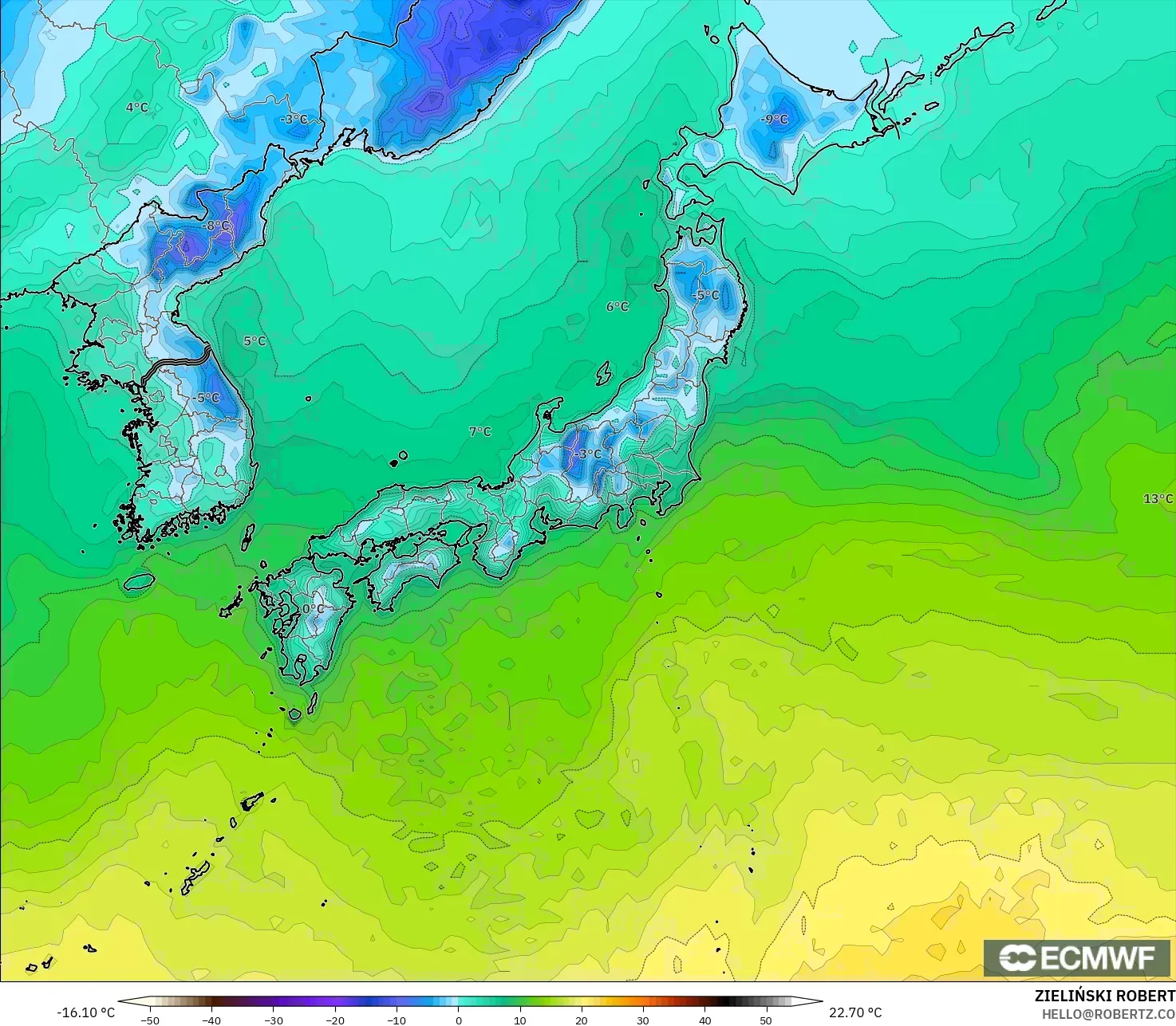 ECMWF IFS 0.25° model - Japonya, 2 m Sıcaklık