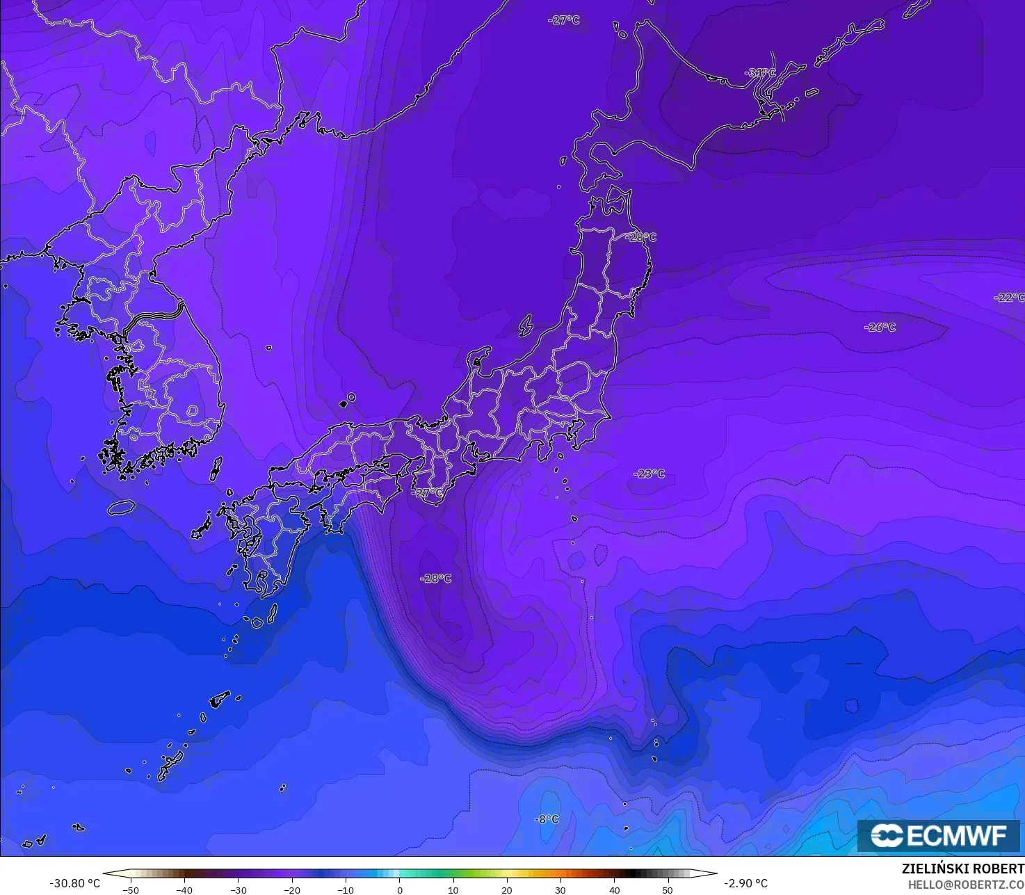 ECMWF IFS 0.25° model - Japonya, 500 hPa Sıcaklık
