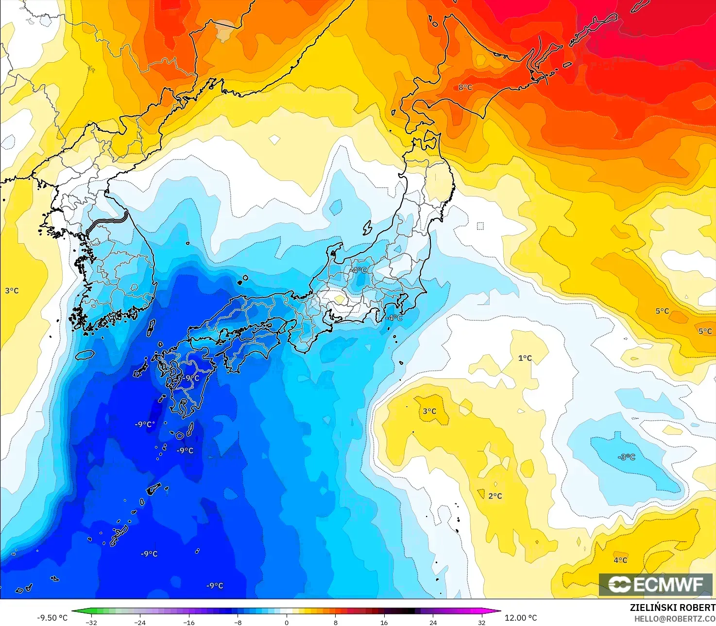 ECMWF IFS 0.25° model - Japonya, 850 hPa Sıcaklık Anomalisi