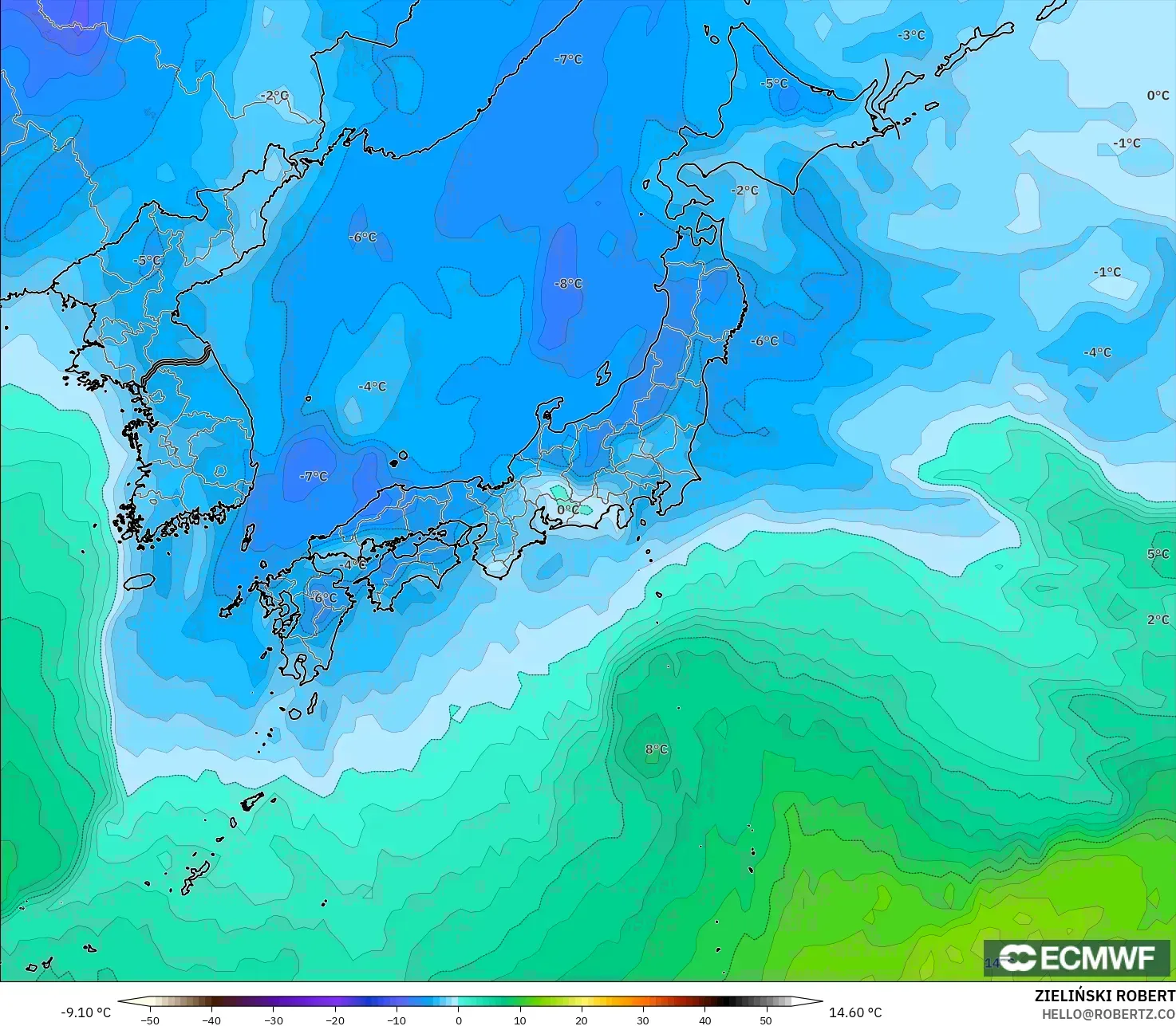 ECMWF IFS 0.25° model - Japonya, 850 hPa Sıcaklık