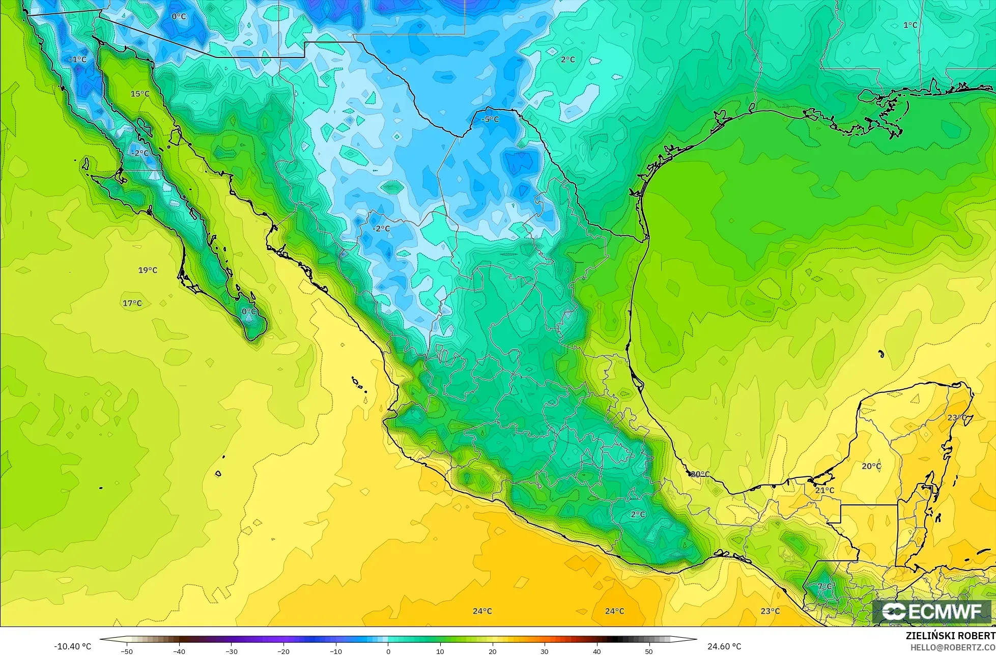 ECMWF IFS 0.25° model - Meksika, 2 m Çiy Noktası