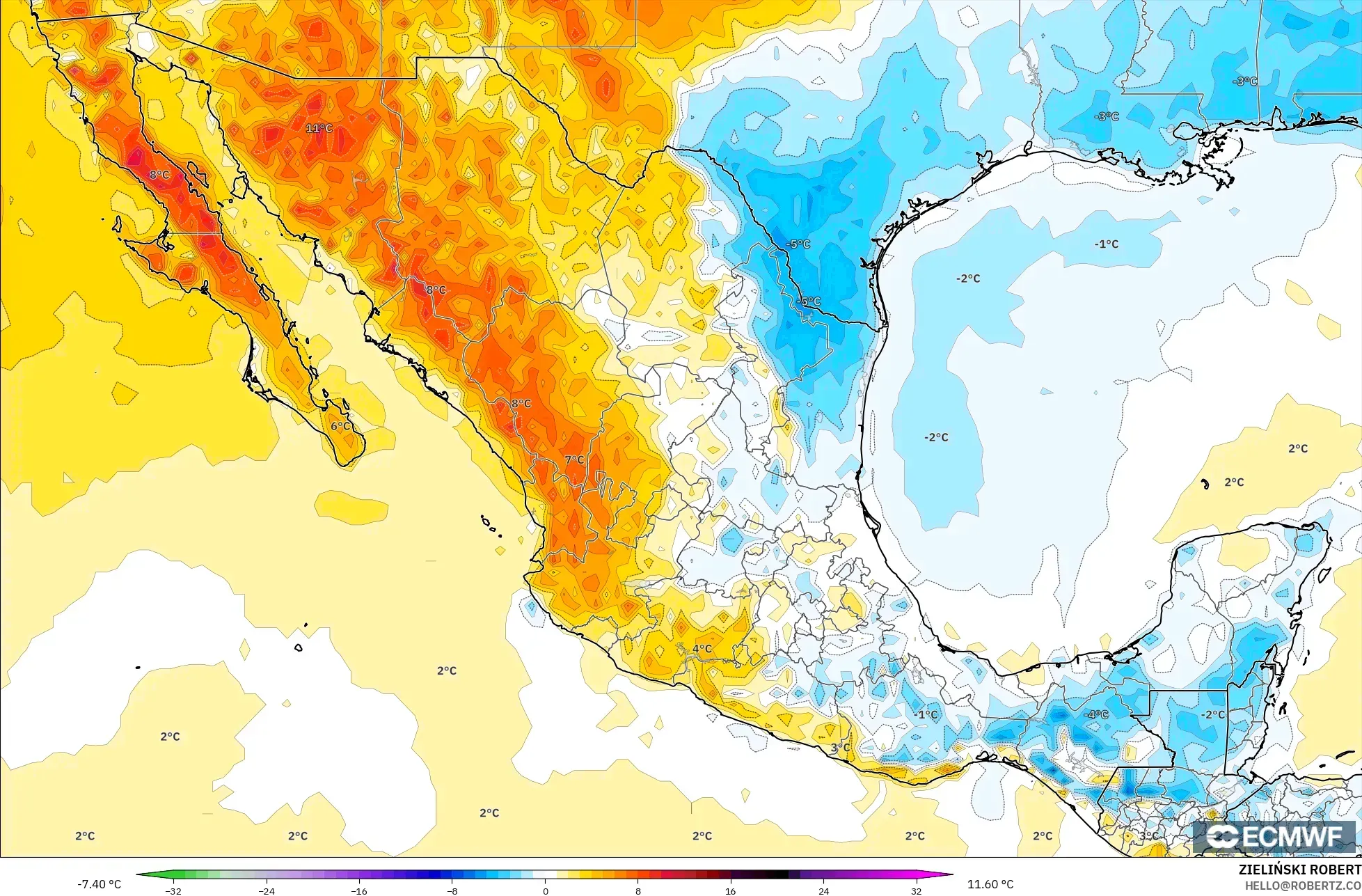 ECMWF IFS 0.25° model - Meksika, 2 m Sıcaklık Anomalisi