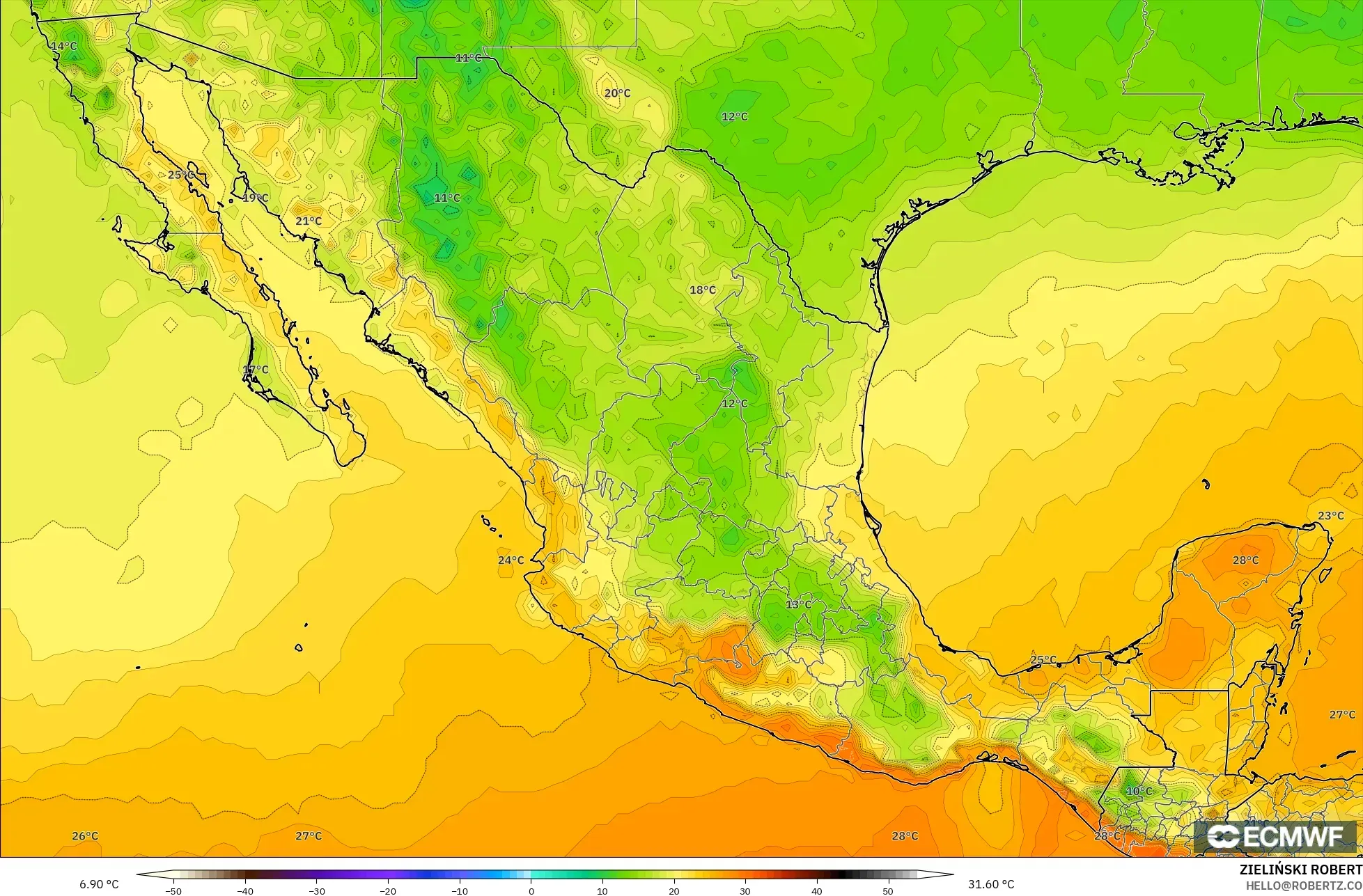 ECMWF IFS 0.25° model - Meksika, 2 m Sıcaklık