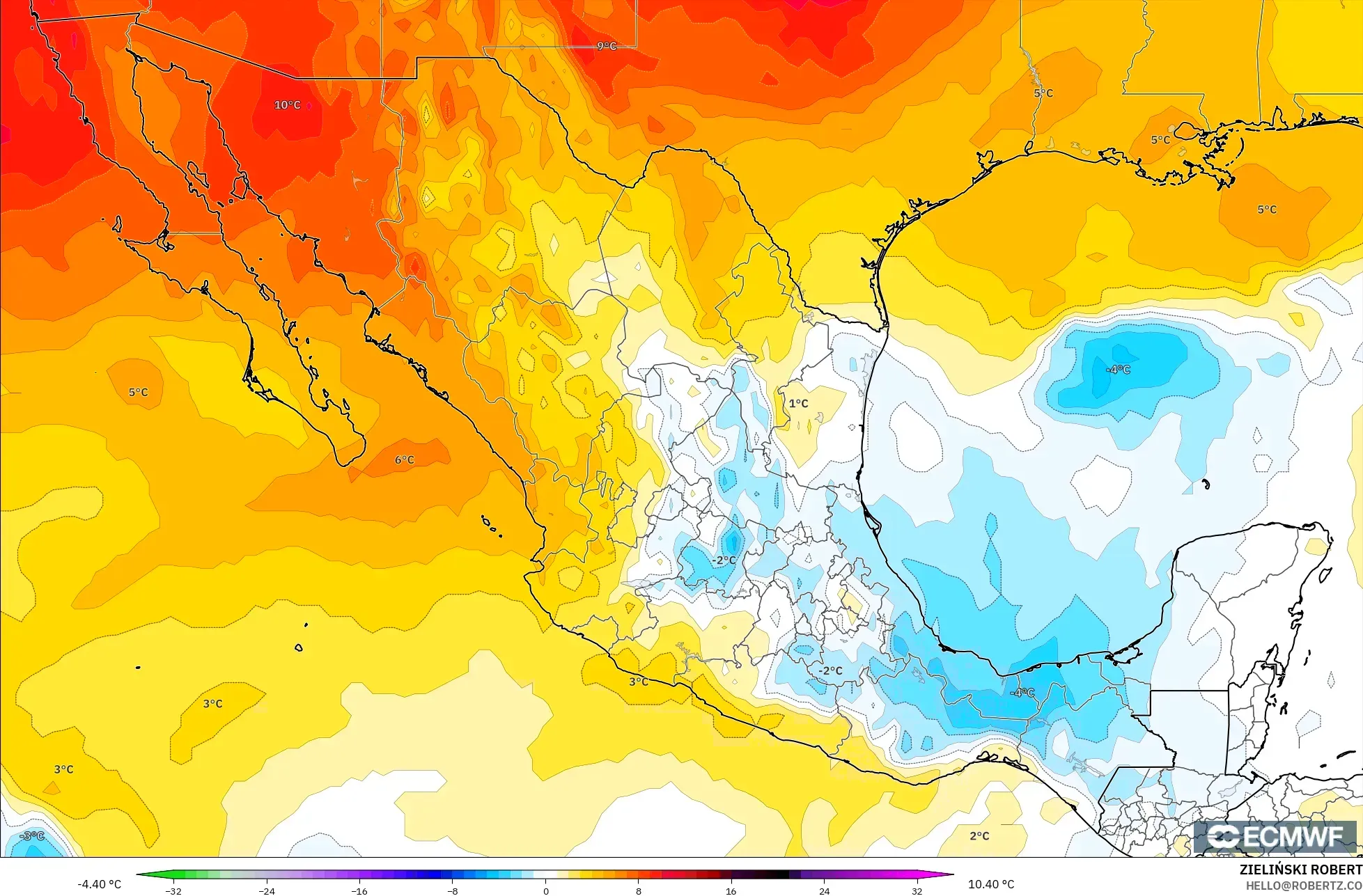 ECMWF IFS 0.25° model - Meksika, 850 hPa Sıcaklık Anomalisi