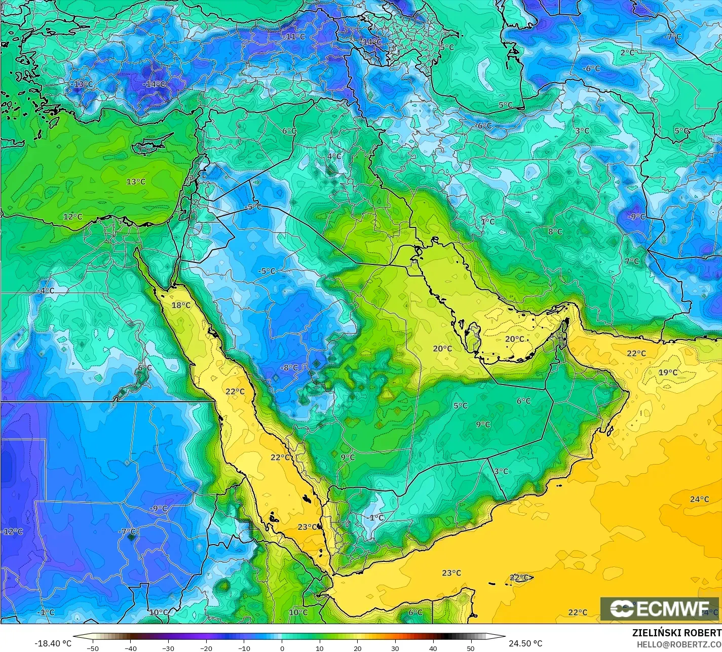 ECMWF IFS 0.25° model - Orta Doğu, 2 m Çiy Noktası