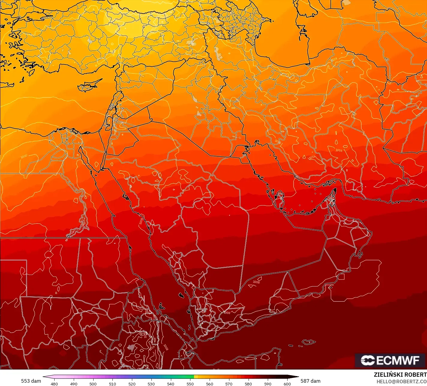 ECMWF IFS 0.25° model - Orta Doğu, 500 hPa’da jeopotansiyel yükseklik