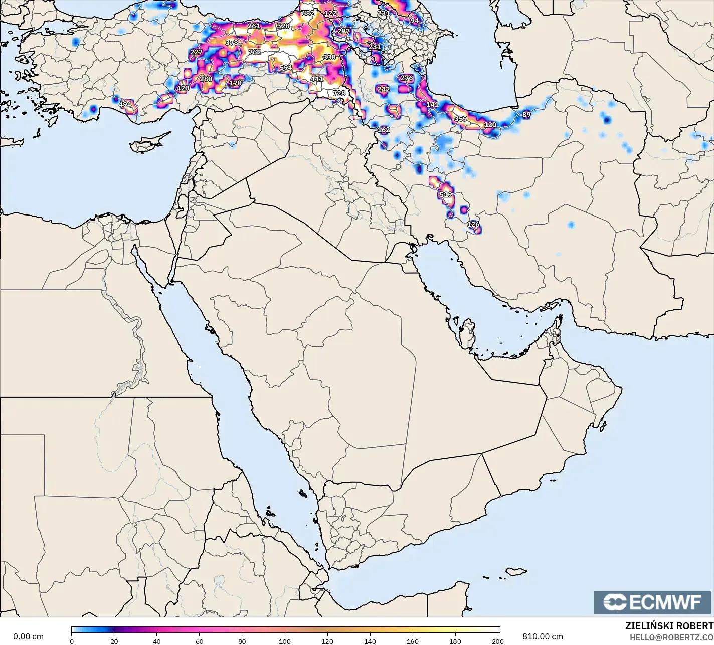 ECMWF IFS 0.25° model - Orta Doğu, Kar Kalınlığı