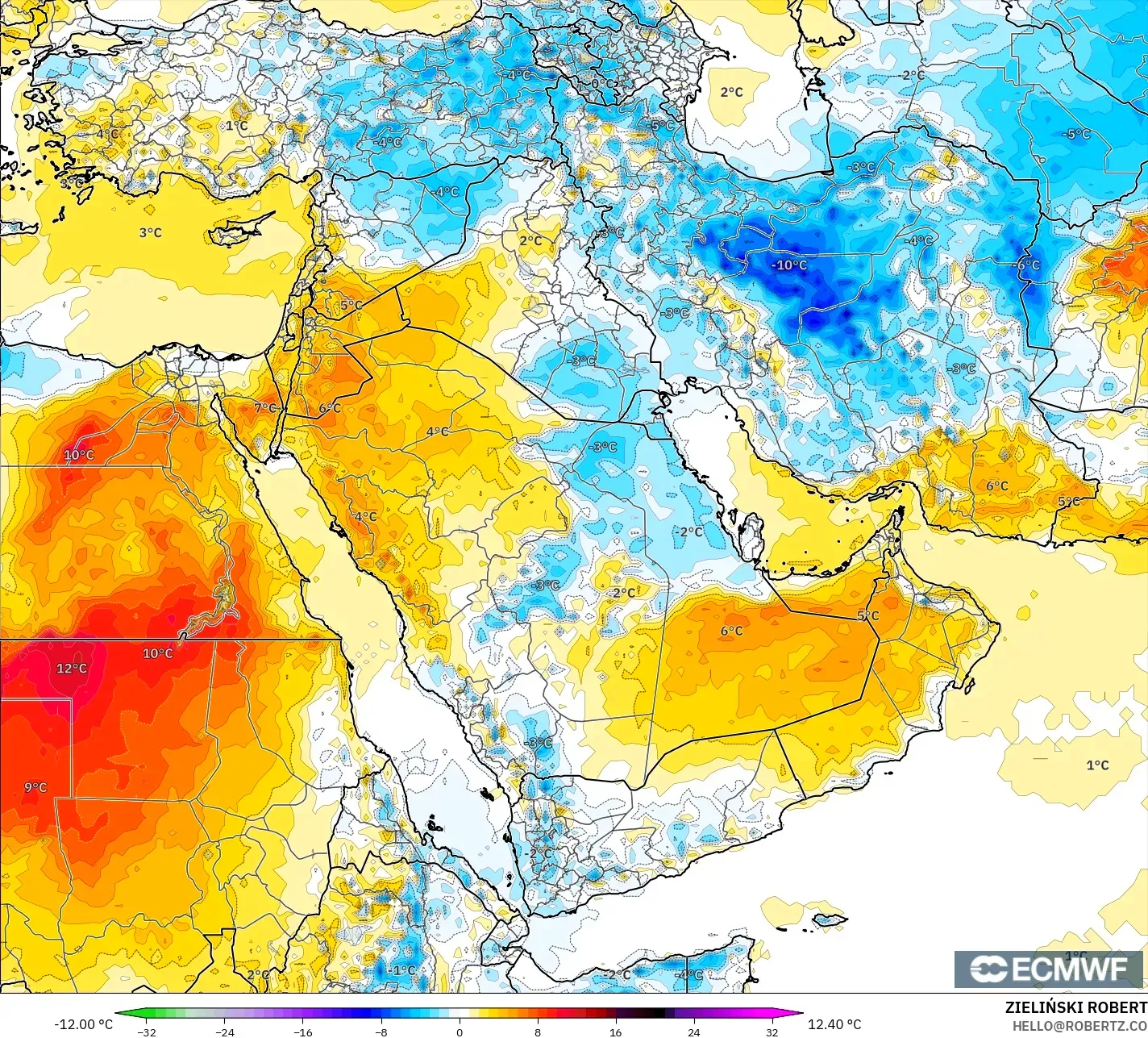ECMWF IFS 0.25° model - Orta Doğu, 2 m Sıcaklık Anomalisi
