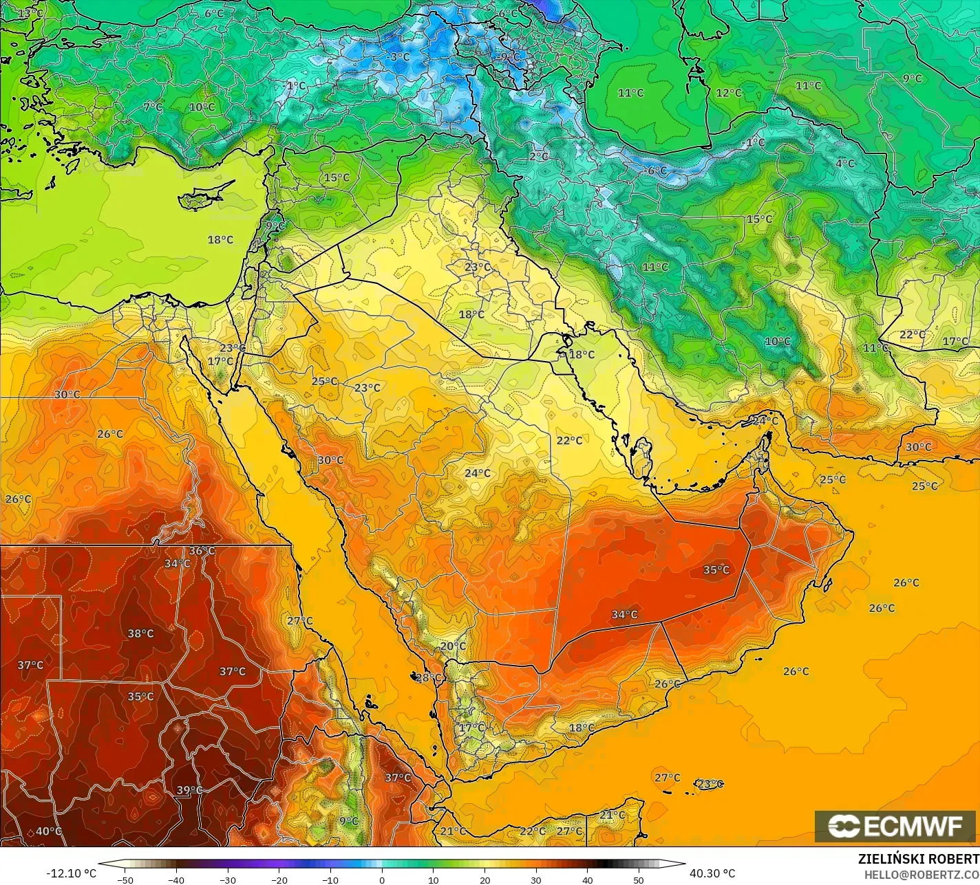 ECMWF IFS 0.25° model - Orta Doğu, 2 m Sıcaklık