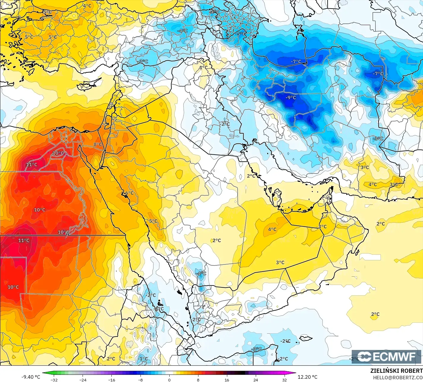 ECMWF IFS 0.25° model - Orta Doğu, 850 hPa Sıcaklık Anomalisi