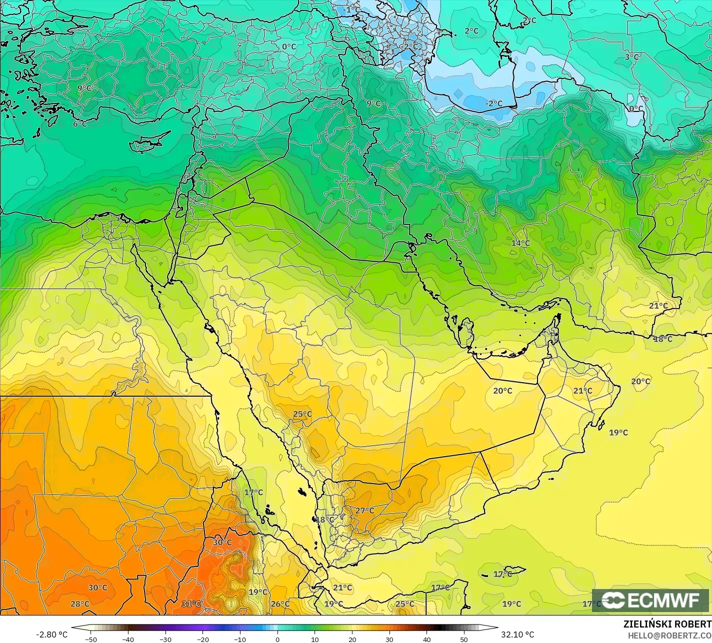 ECMWF IFS 0.25° model - Orta Doğu, 850 hPa Sıcaklık