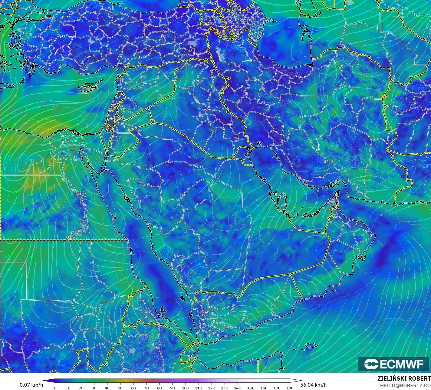 ECMWF IFS 0.25° model - Orta Doğu, 10 m Rüzgâr