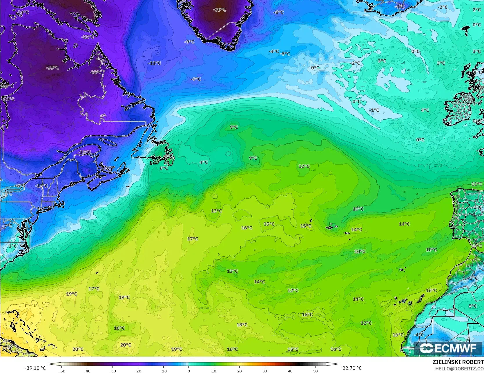 ECMWF IFS 0.25° model - Kuzey Atlantik, 2 m Çiy Noktası