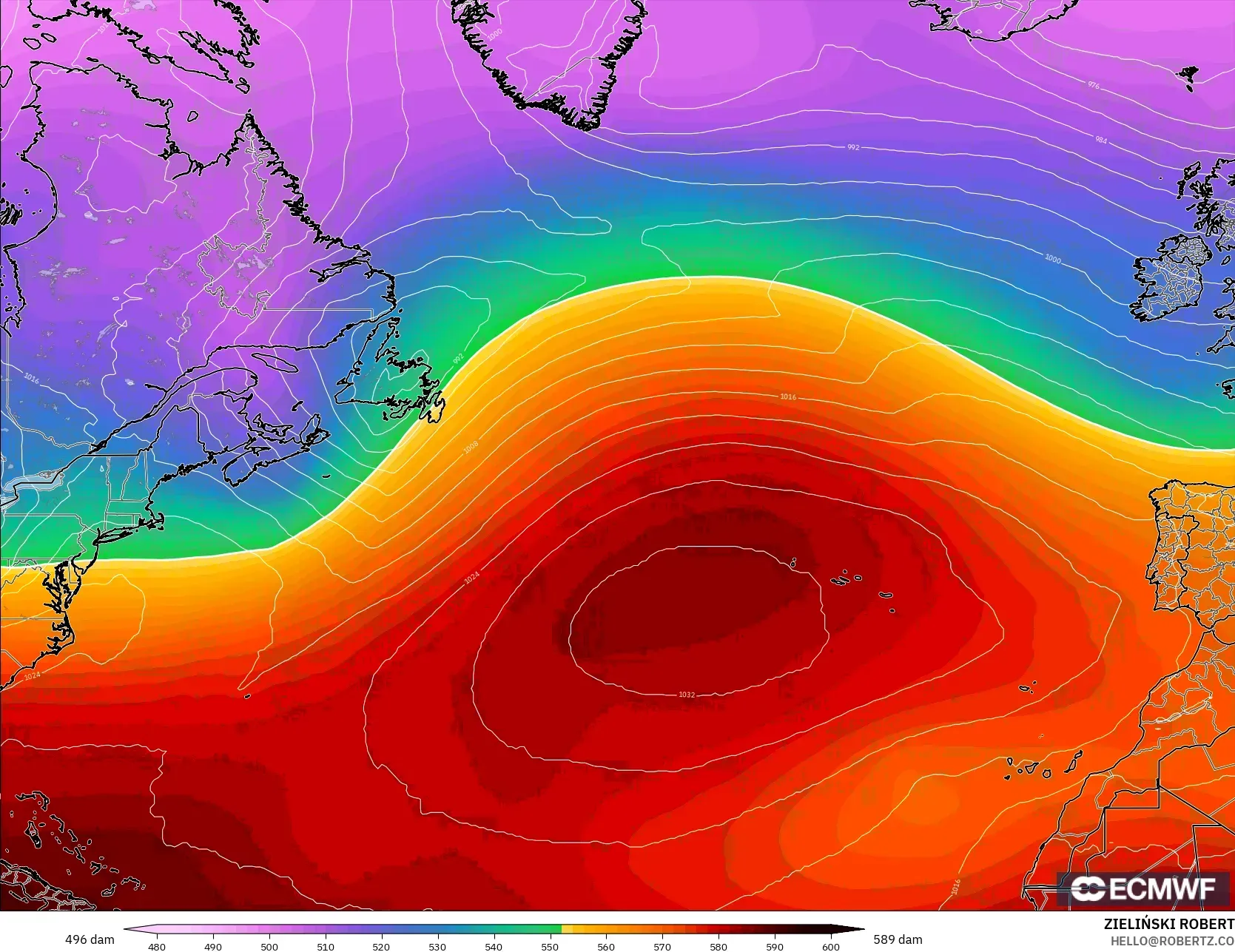 ECMWF IFS 0.25° model - Kuzey Atlantik, 500 hPa’da jeopotansiyel yükseklik