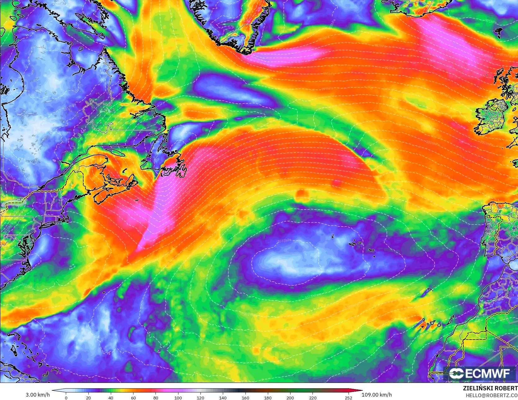 ECMWF IFS 0.25° model - Kuzey Atlantik, Rüzgâr Esintileri