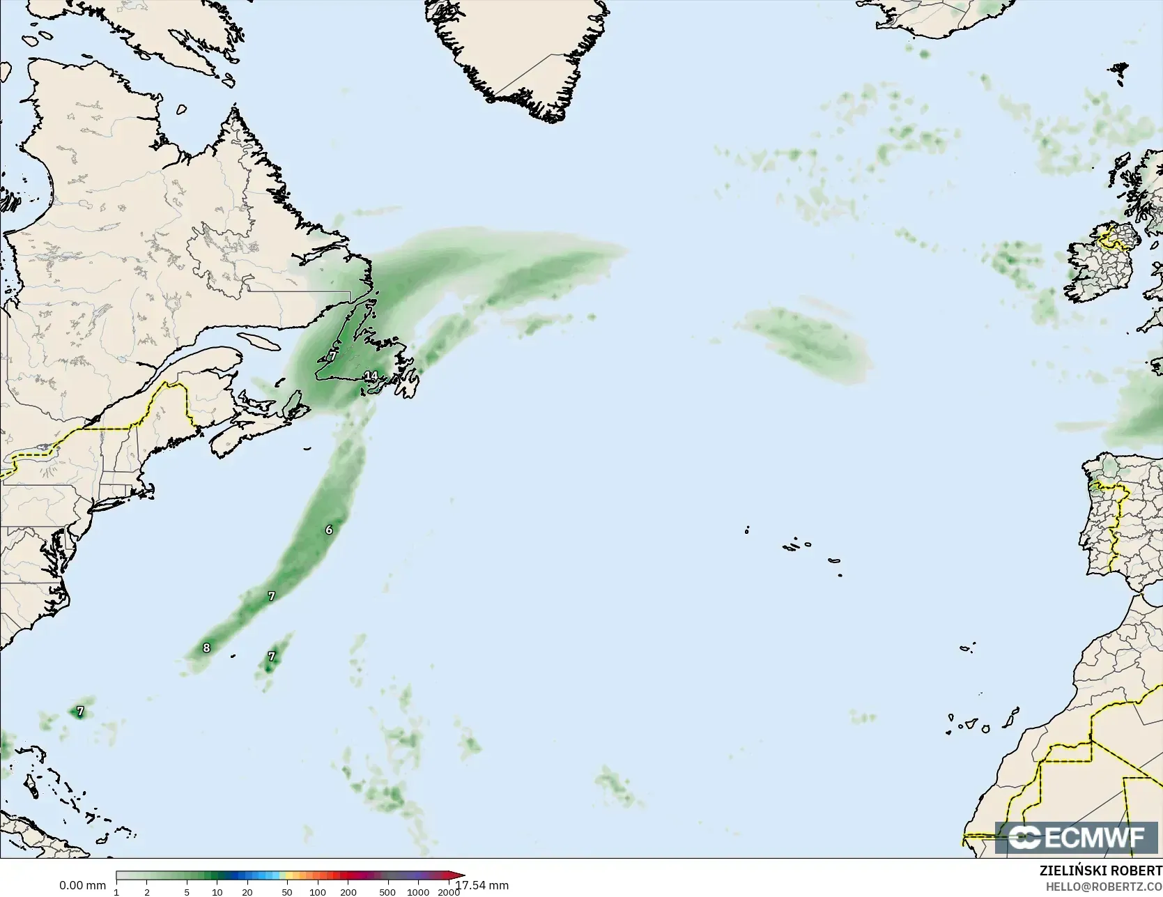 ECMWF IFS 0.25° model - Kuzey Atlantik, Yağış Birikimi