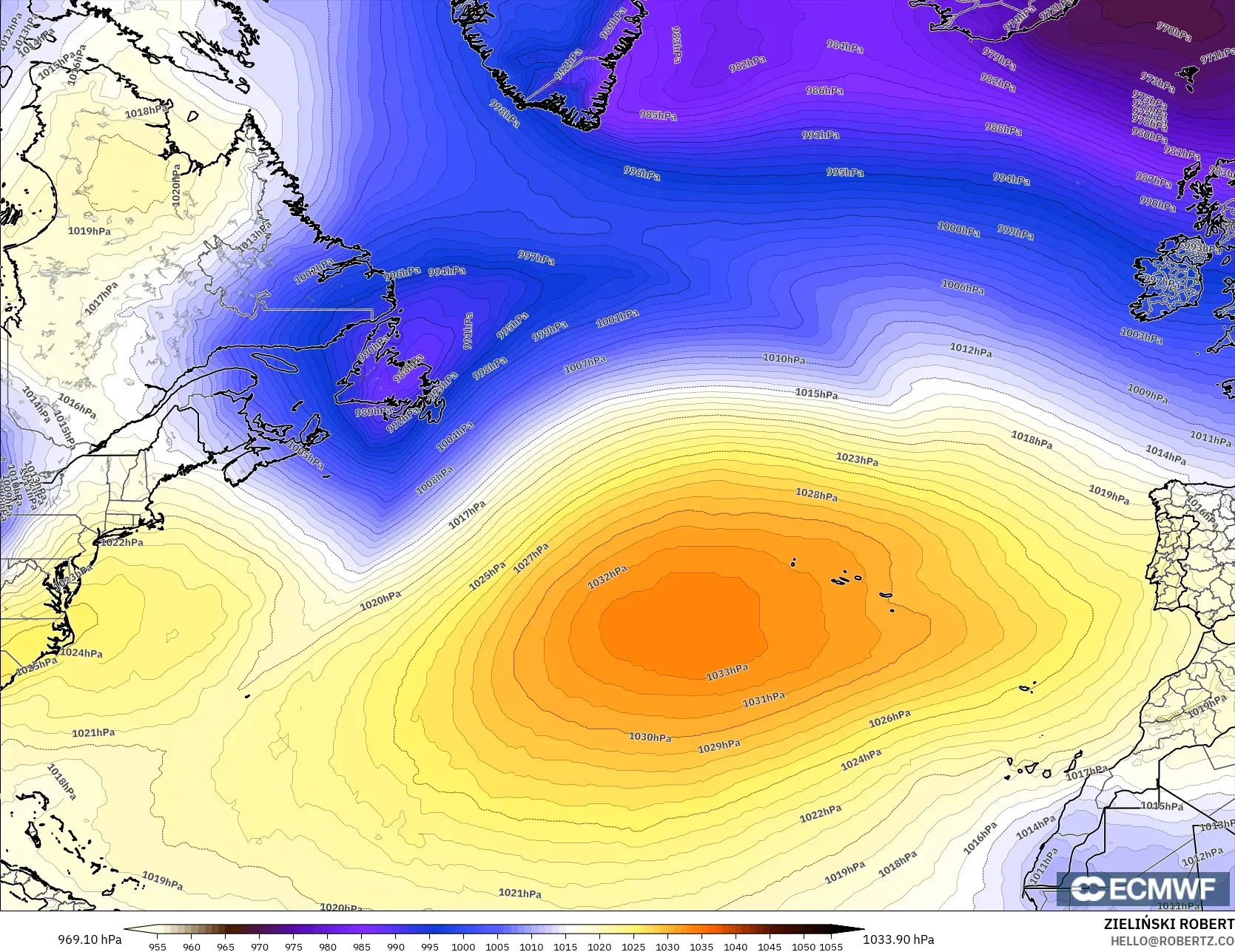 ECMWF IFS 0.25° model - Kuzey Atlantik, Basınç