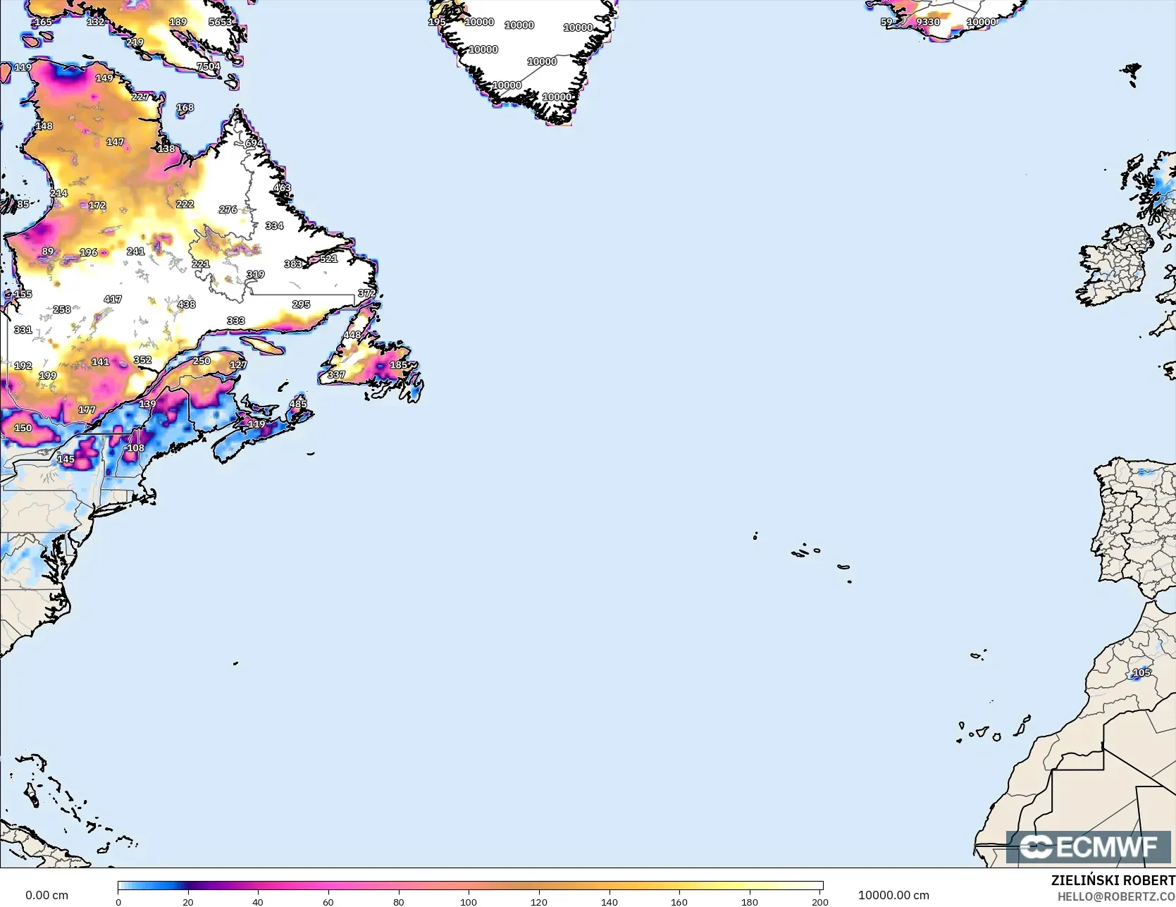 ECMWF IFS 0.25° model - Kuzey Atlantik, Kar Kalınlığı