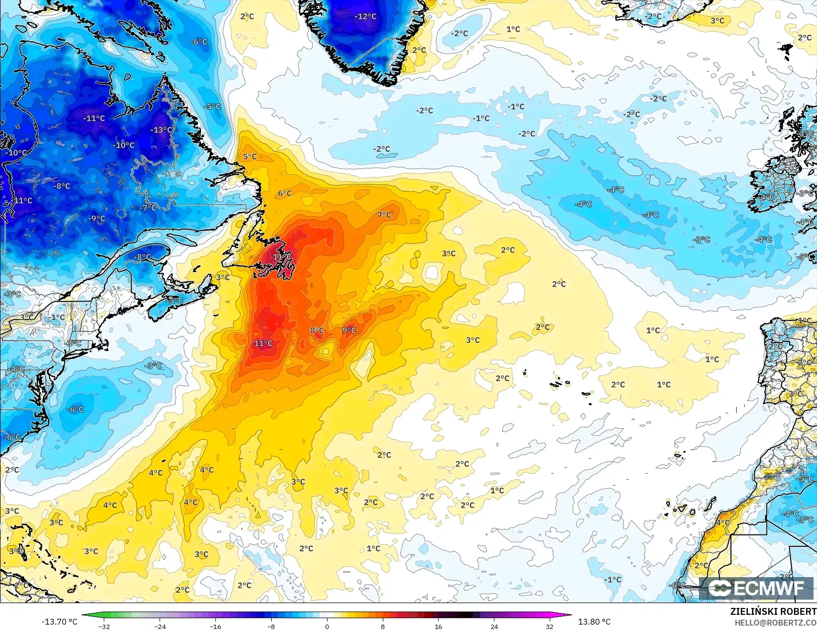 ECMWF IFS 0.25° model - Kuzey Atlantik, 2 m Sıcaklık Anomalisi