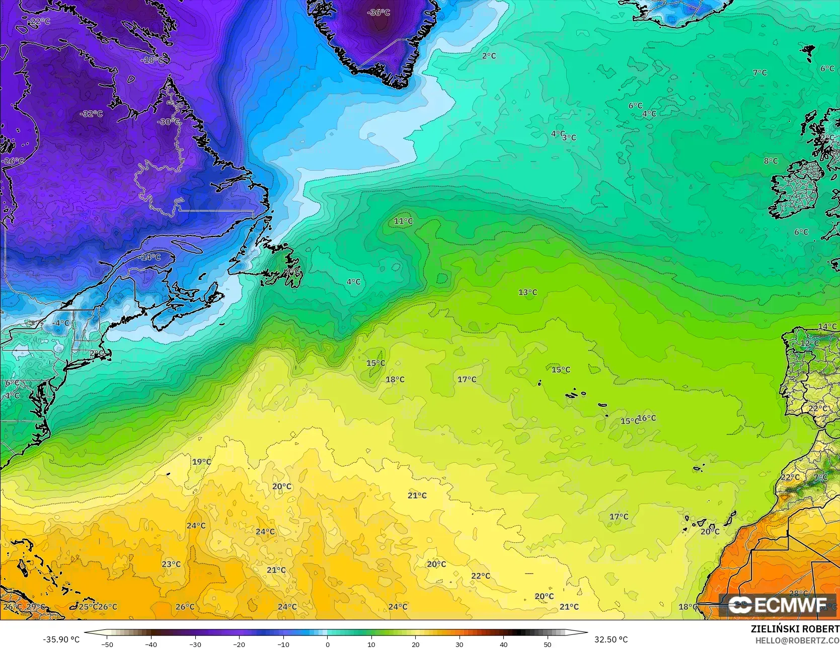 ECMWF IFS 0.25° model - Kuzey Atlantik, 2 m Sıcaklık