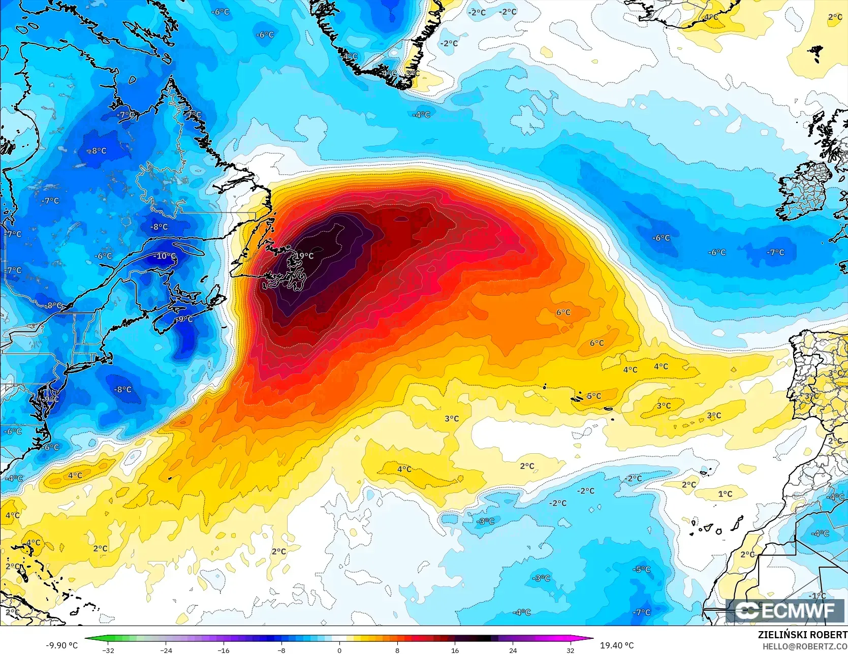 ECMWF IFS 0.25° model - Kuzey Atlantik, 850 hPa Sıcaklık Anomalisi