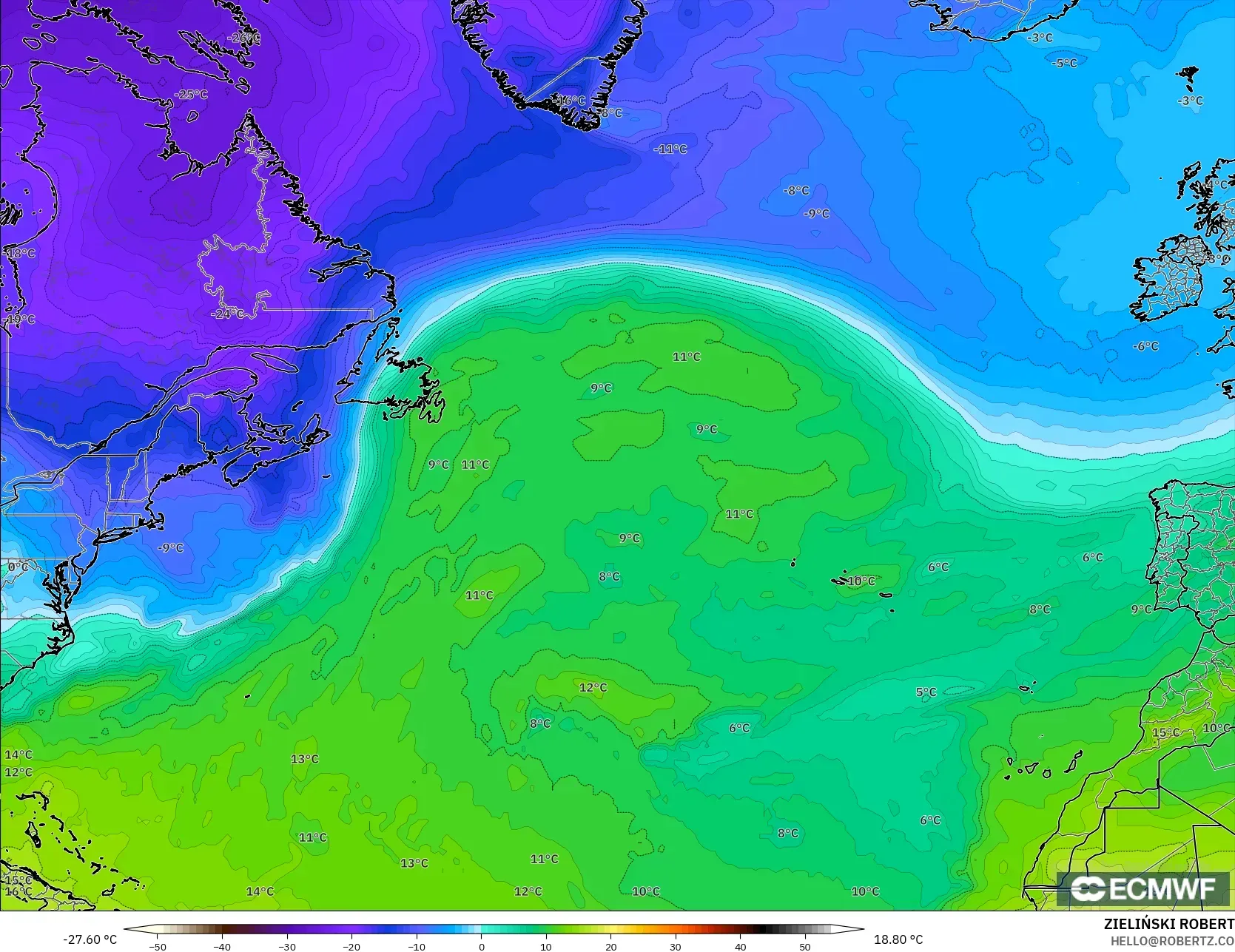 ECMWF IFS 0.25° model - Kuzey Atlantik, 850 hPa Sıcaklık