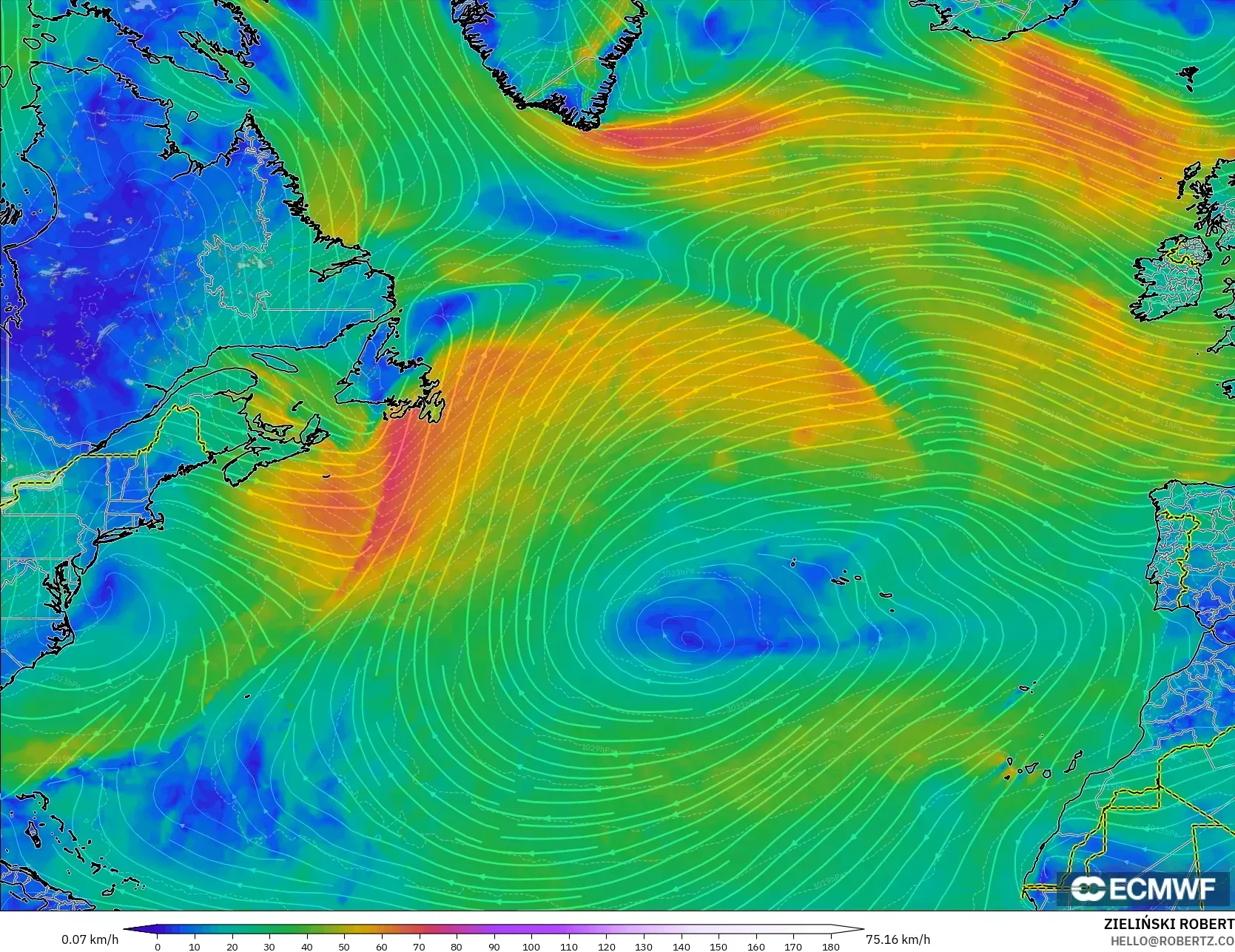 ECMWF IFS 0.25° model - Kuzey Atlantik, 10 m Rüzgâr