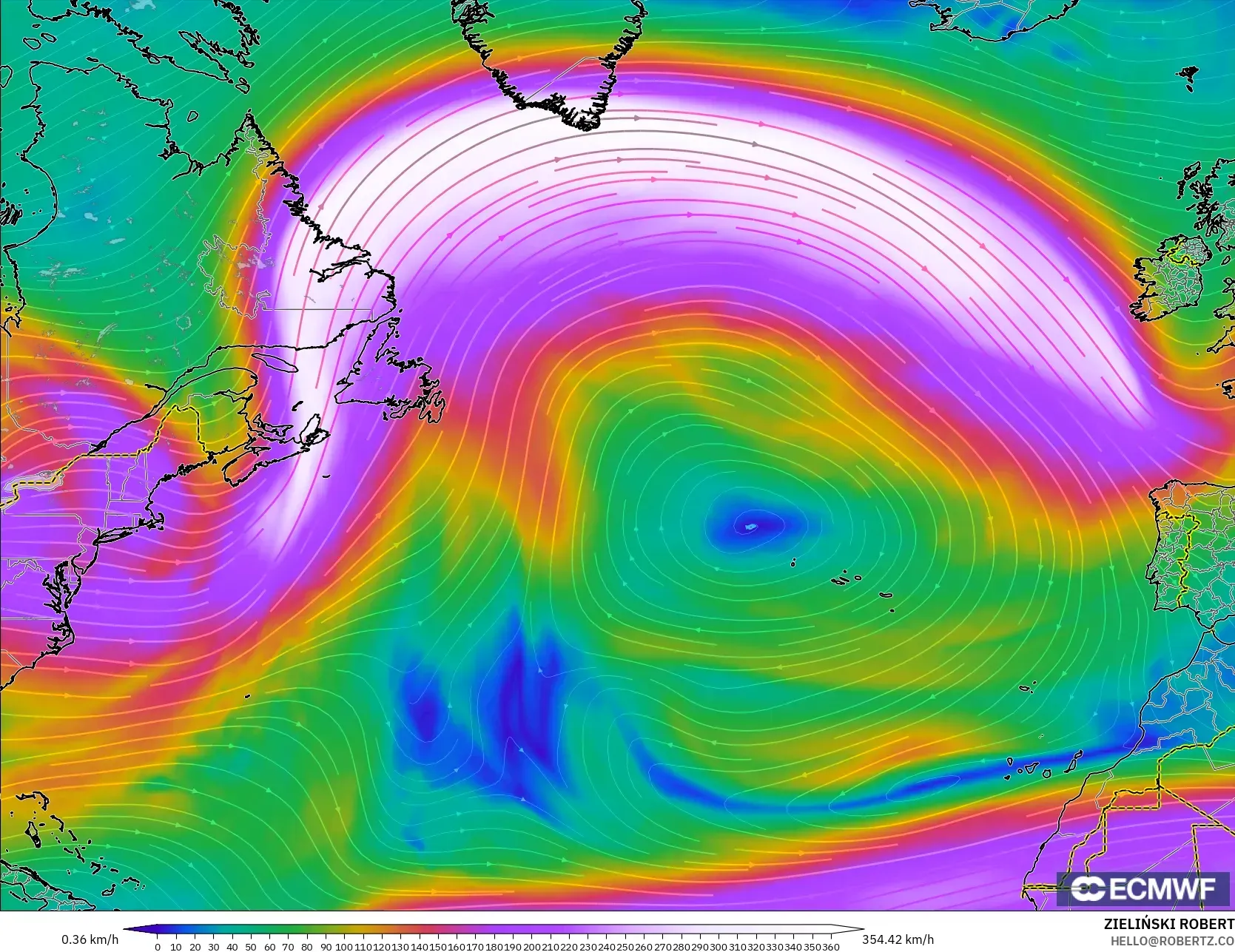 ECMWF IFS 0.25° model - Kuzey Atlantik, 300 hPa Rüzgârı (jet)