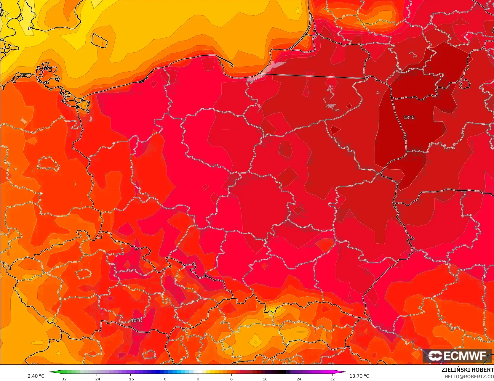 ECMWF IFS 0.25° model - Polonya, 2 m Sıcaklık Anomalisi