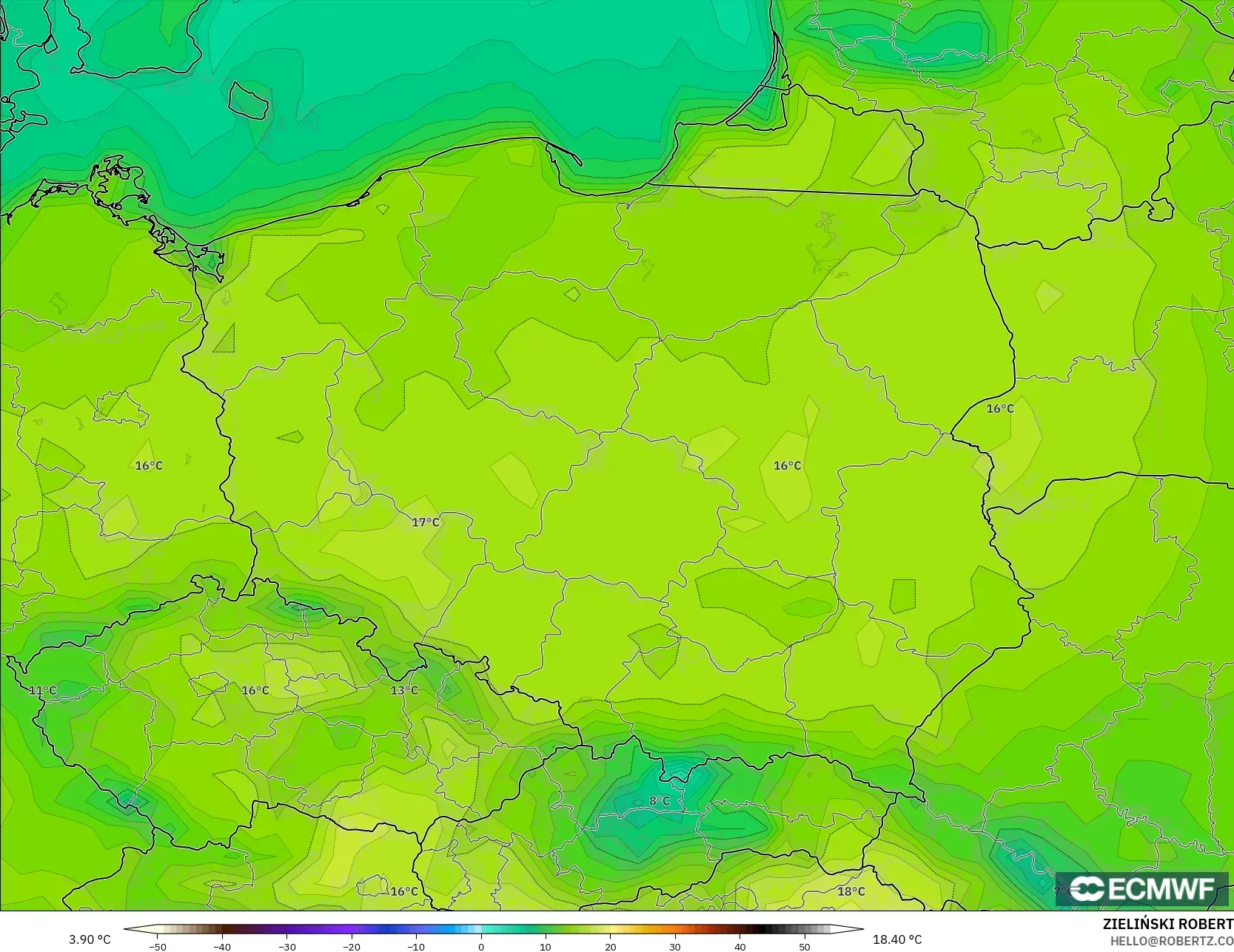 ECMWF IFS 0.25° model - Polonya, 2 m Sıcaklık