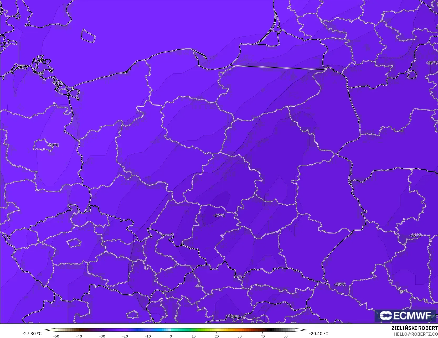 ECMWF IFS 0.25° model - Polonya, 500 hPa Sıcaklık