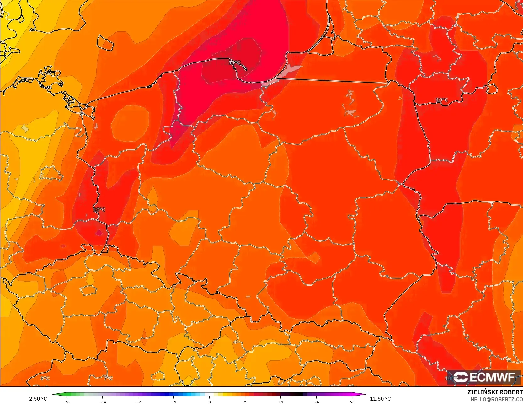 ECMWF IFS 0.25° model - Polonya, 850 hPa Sıcaklık Anomalisi