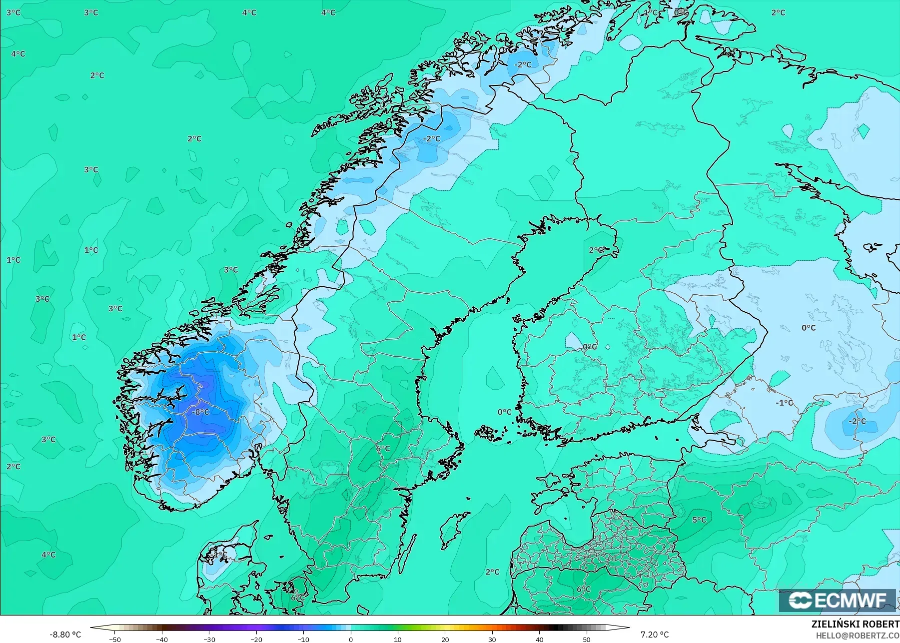 ECMWF IFS 0.25° model - İskandinavya, 2 m Çiy Noktası