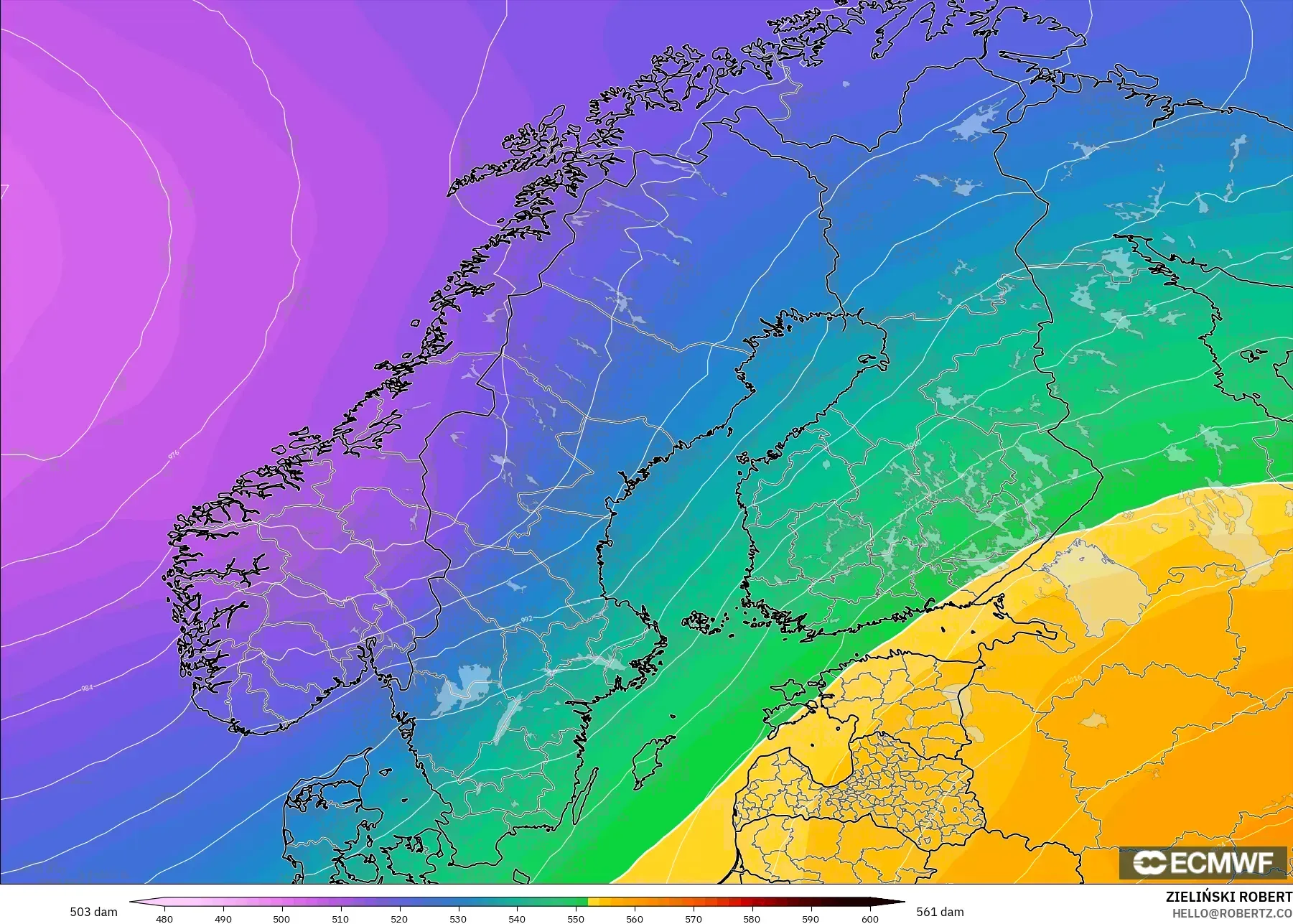 ECMWF IFS 0.25° model - İskandinavya, 500 hPa’da jeopotansiyel yükseklik